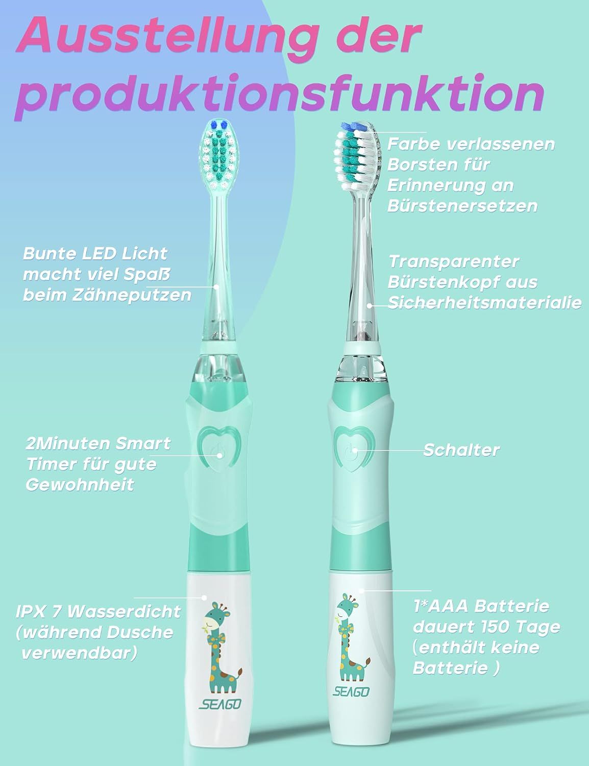 Zwei Kinder-Elektrozahnbürsten mit Funktionen wie Timer und LED-Licht.