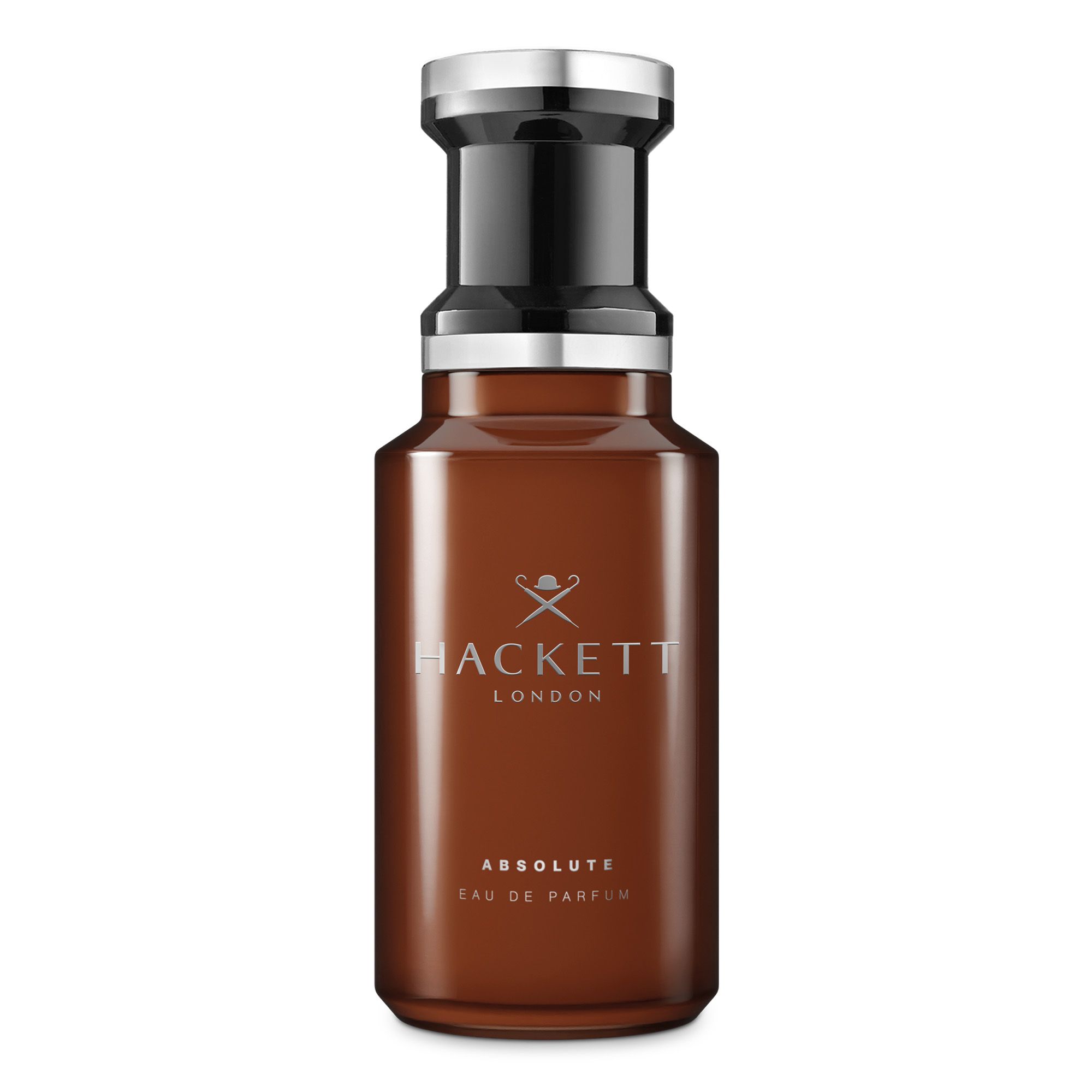 Braune Flasche mit silbernem Verschluss. Aufschrift: Hackett London, Absolute Eau de Parfum. Weißer Hintergrund.