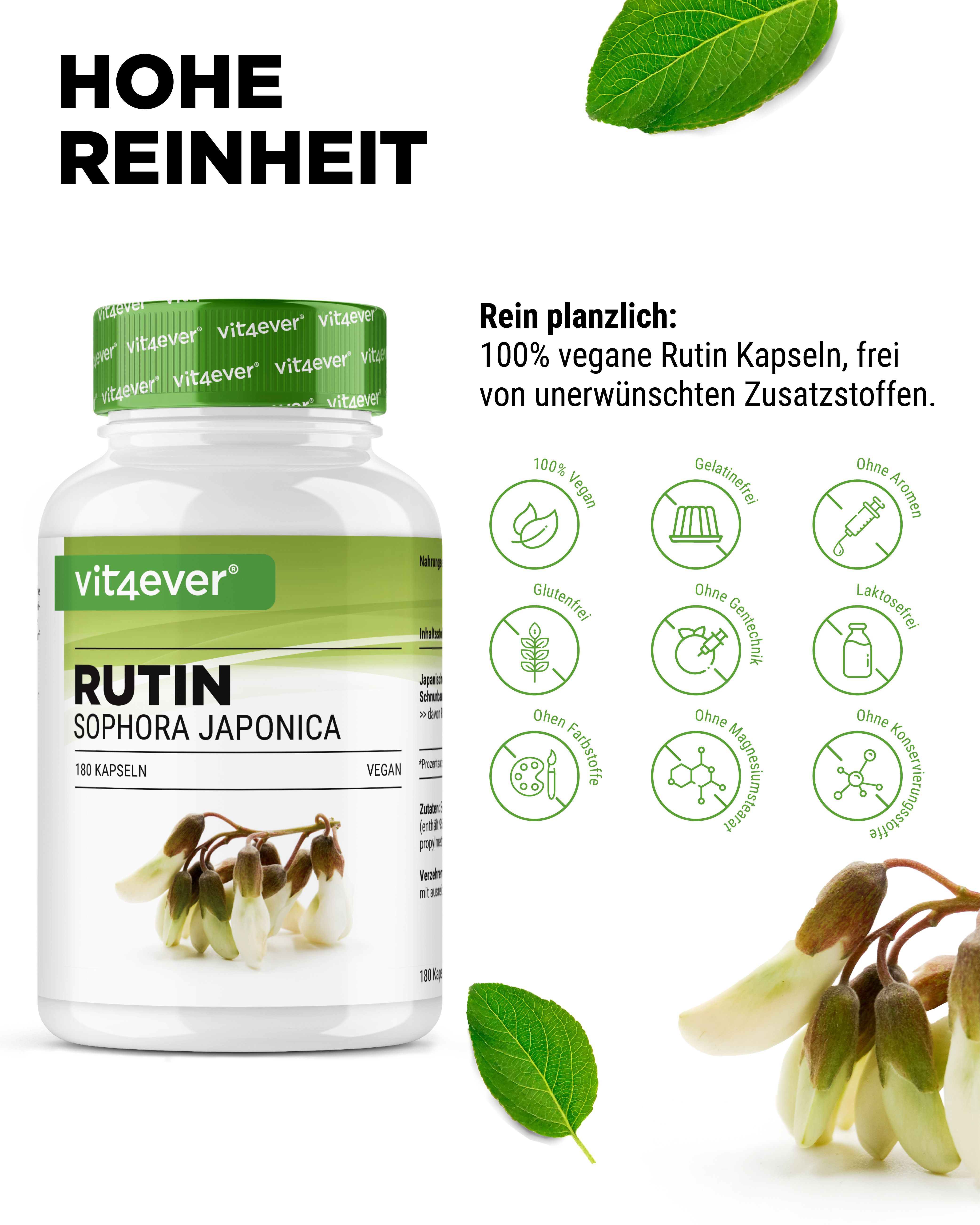 Flasche mit Rutin-Kapseln, vit4ever. Aufschrift: Hohe Reinheit. Symbole: vegan, glutenfrei, ohne Aromen, Laktosefrei, etc. Abbildung von Blüten.