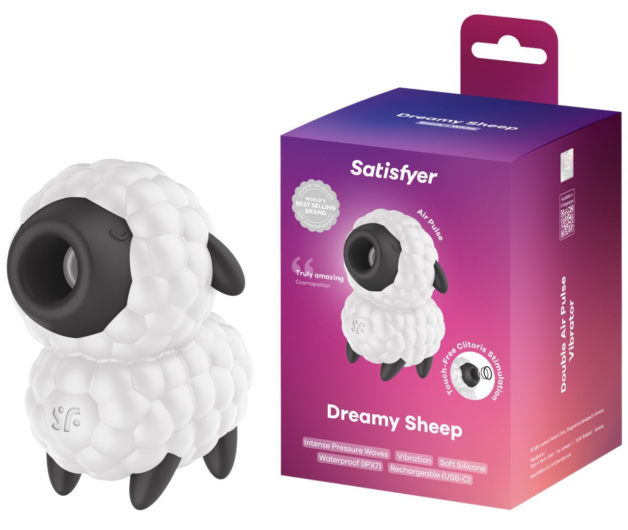 Weißes Schaf-förmiges Vibrationsgerät mit schwarzem Mundstück und Ohren. Neben einer Verpackung mit Produktname und Marke.