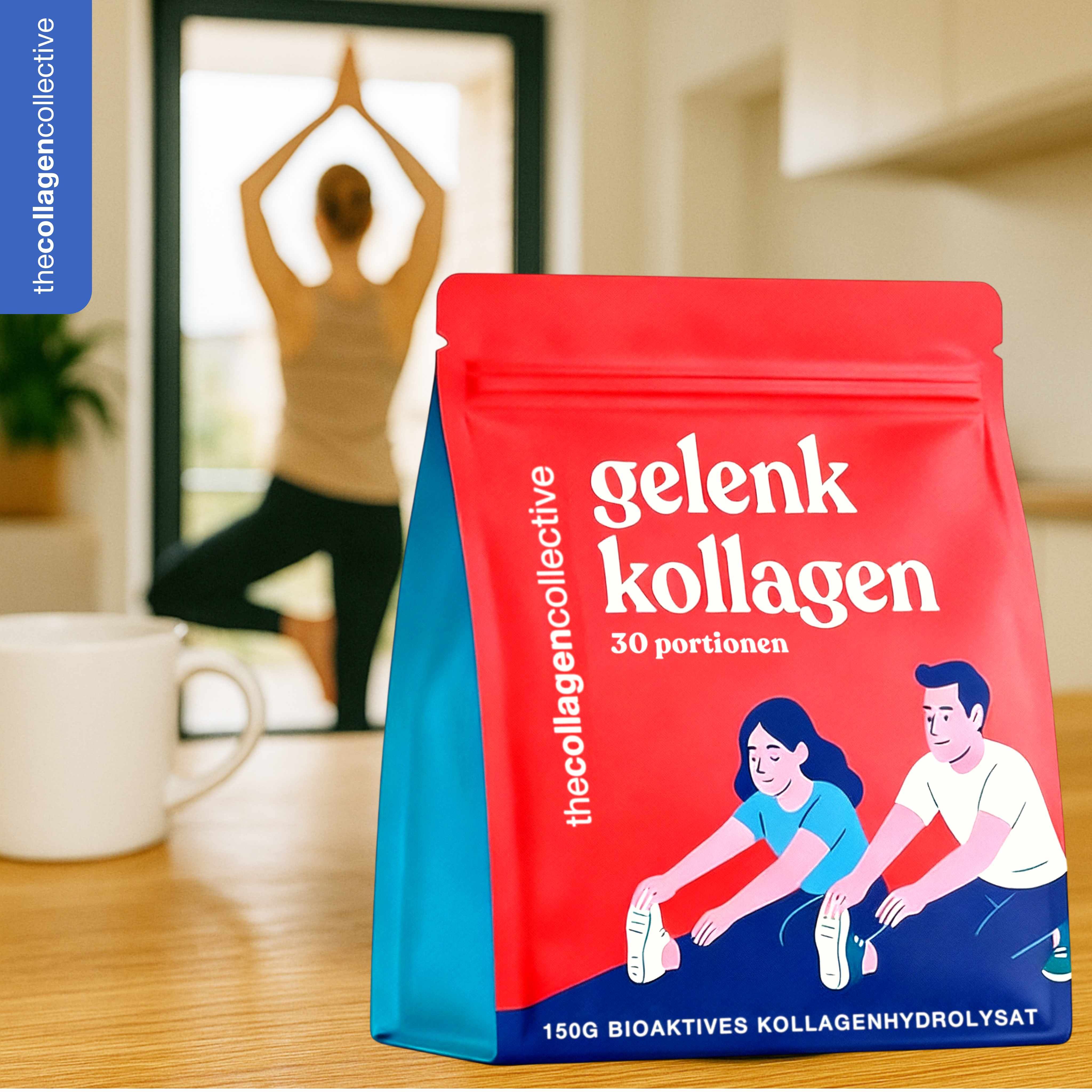 Roter Beutel Gelenk Kollagen Pulver. Frau macht Yoga im Hintergrund. 150g bioaktives Kollagenhydrolysat.