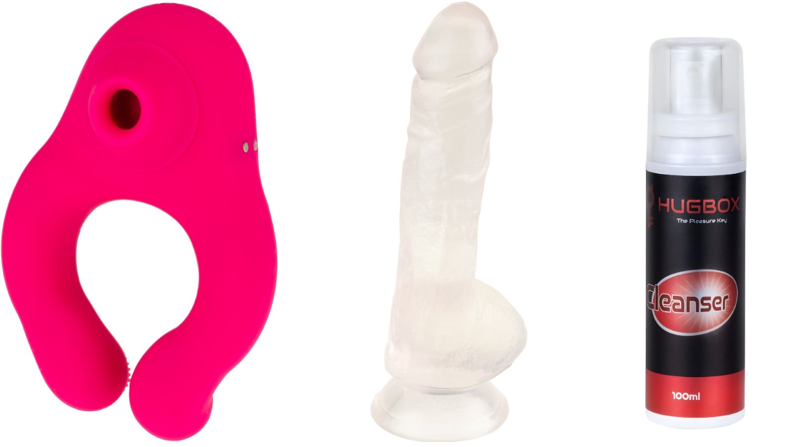 Rosa U-förmiges Sexspielzeug, transparenter Dildo und Reiniger-Flasche. Aufschrift: HUGBOX Cleanser.