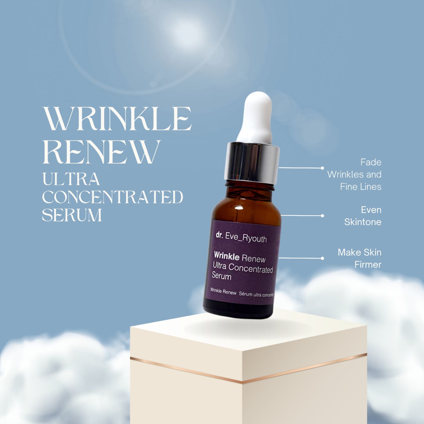 Flasche Dr. Eve_Ryouth Wrinkle Renew Ultra Concentrated Serum schwebt vor einem blauen Himmel mit Wolken. Text hebt Vorteile hervor.