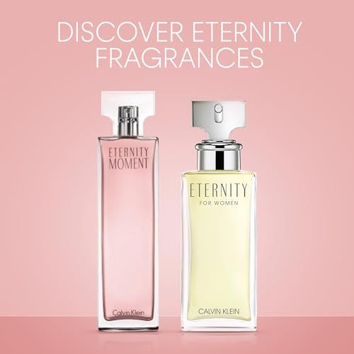 Zwei Flakons auf rosa Hintergrund. Aufschrift "Discover Eternity Fragrances". Links: "Eternity Moment".