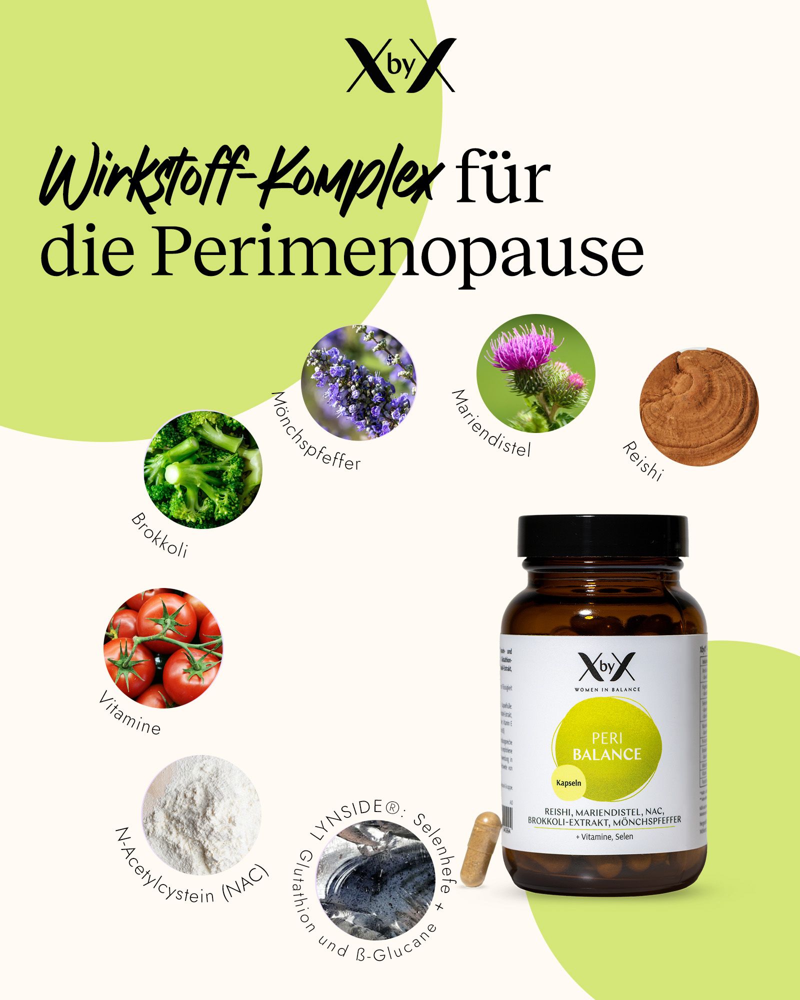 XbyX Peri Balance Kapseln Flasche mit Brokkoli, Lavendel, Mariendistel, Reishi, Tomaten, NAC, Selen.