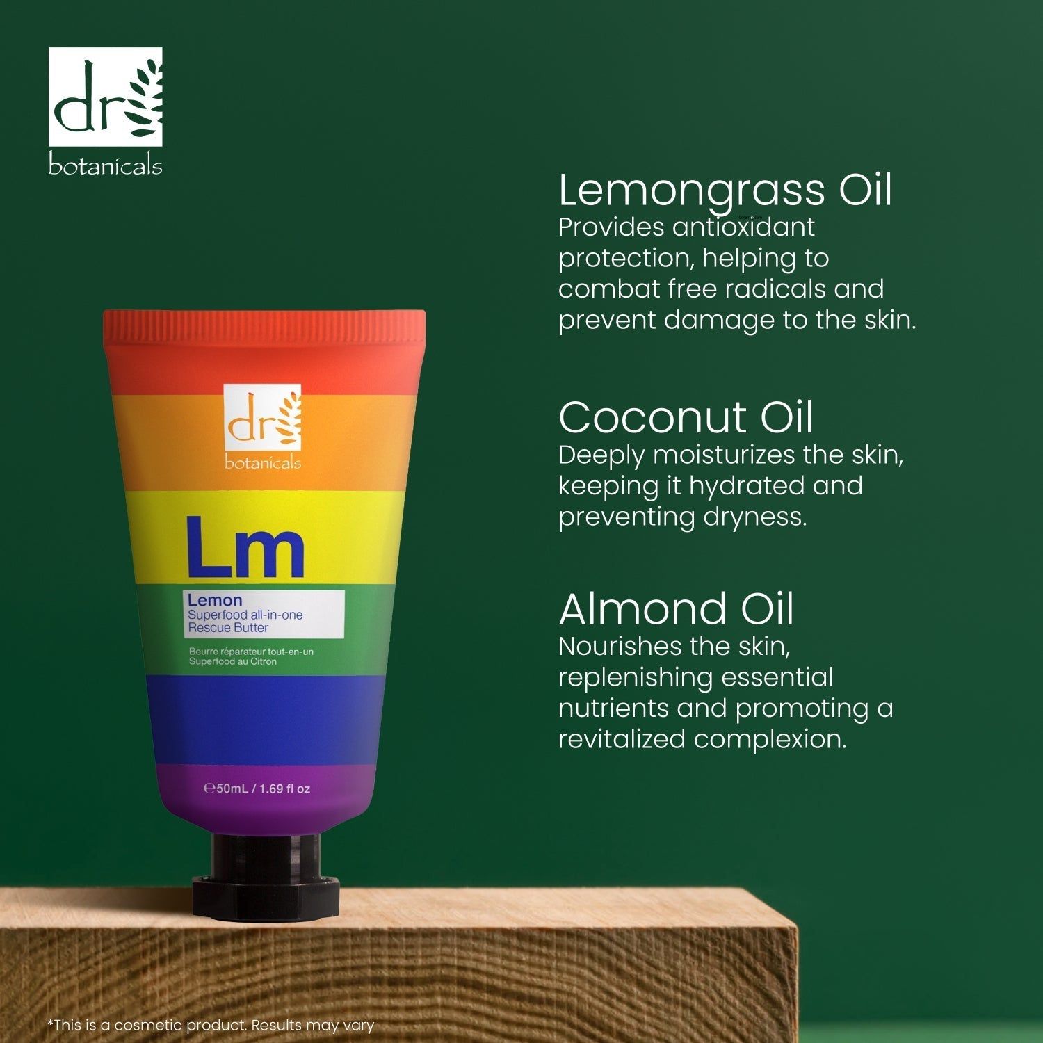 Tube mit Regenbogenfarben. Text: Dr Botanicals, Lm, Lemon Superfood All-in-one Rescue Butter. Text: Inhaltsstoffe: Lemongrass, Coconut, Almond Oil.