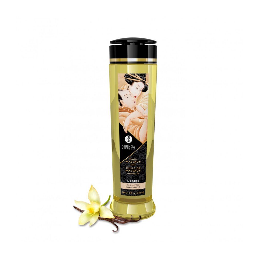 Flüssigkeit in einer Flasche mit schwarzem Deckel. Aufschrift: SHUNGA. Motiv: Paar. Daneben: Vanilleblüte und Schote.