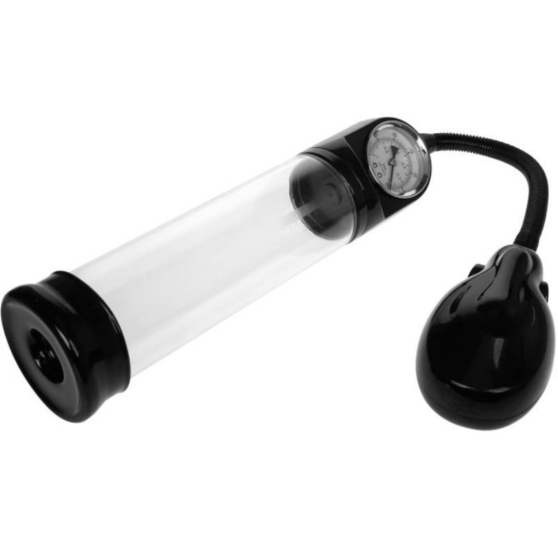 Transparente Penispumpe mit schwarzem Zylinder, Pumpe und Manometer. Schlauch verbindet Zylinder und Pumpe.