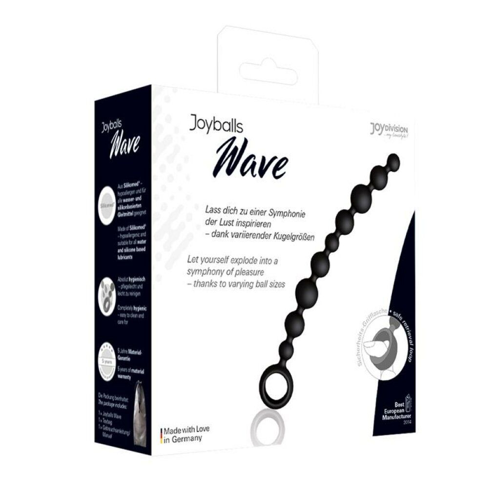 Verpackung von Joyballs Wave. Schwarze Kugel-Kette abgebildet. Text: Joyballs Wave, Made with Love in Germany.