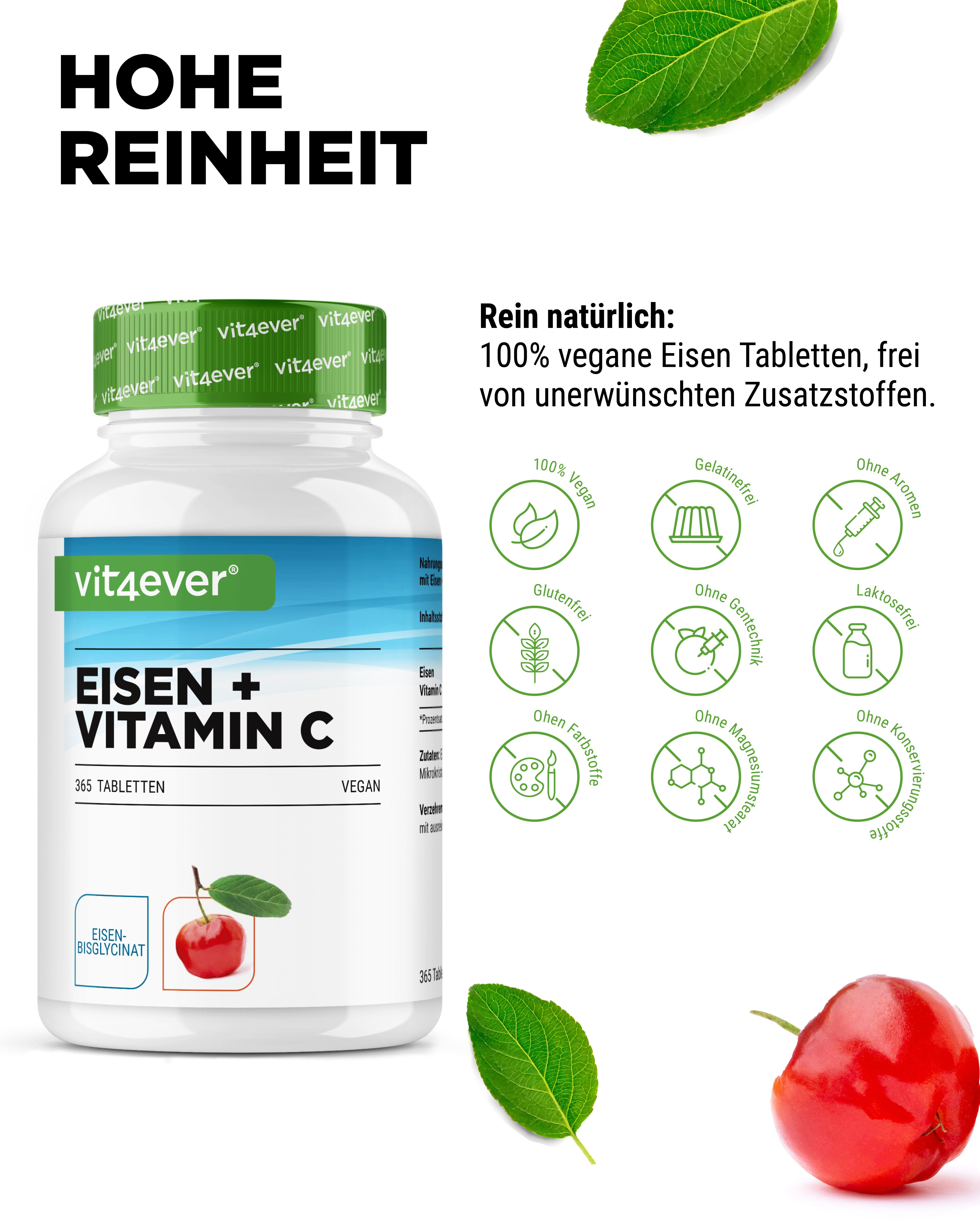 Flasche "vit4ever EISEN + VITAMIN C", 365 Tabletten. Icons: vegan, glutenfrei, ohne Aromen, ohne Laktose, etc.