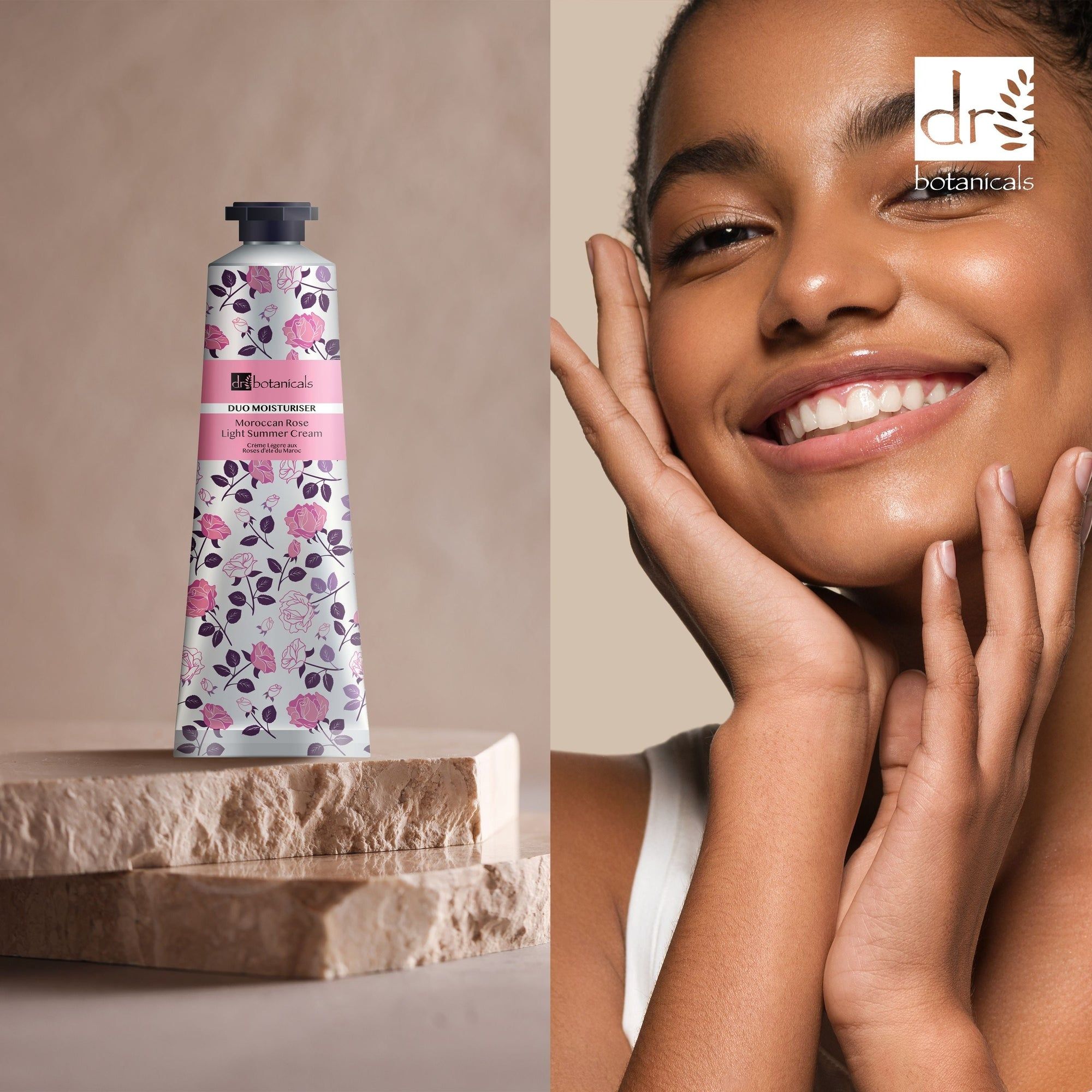 Frau mit Hautpflegeprodukt. Tube mit floralem Muster. Logo: Dr Botanicals. Frau berührt ihr Gesicht.