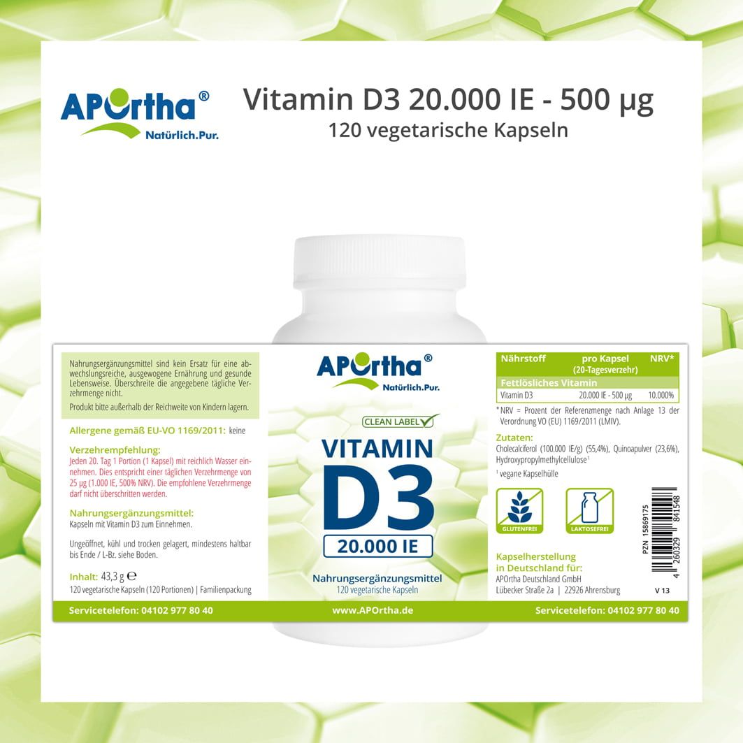 Rückseite der APOrtha Vitamin D3 Flasche. Informationen zu Inhaltsstoffen, Nährwerten und Hersteller.