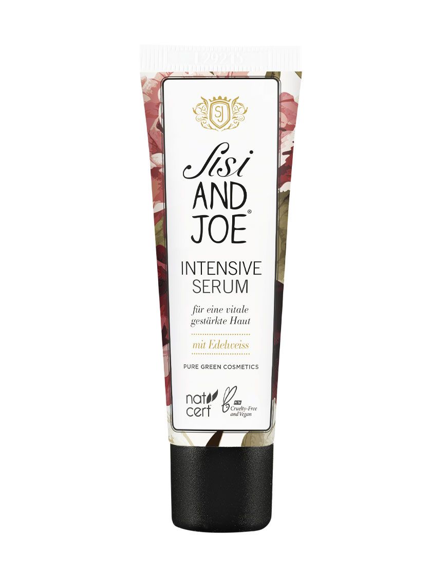 Tube "Intensiv Serum" mit "sisi AND JOE". Text: "mit Edelweiss". Natrue-Zertifizierung.