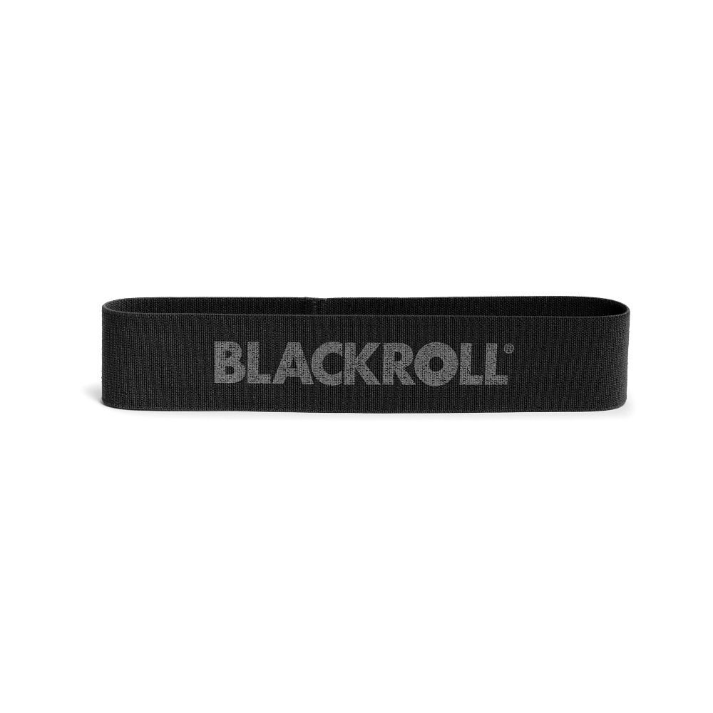 Schwarzes BLACKROLL Loop Band. Rechteckige Form, Textilmaterial. Grauer Schriftzug BLACKROLL.