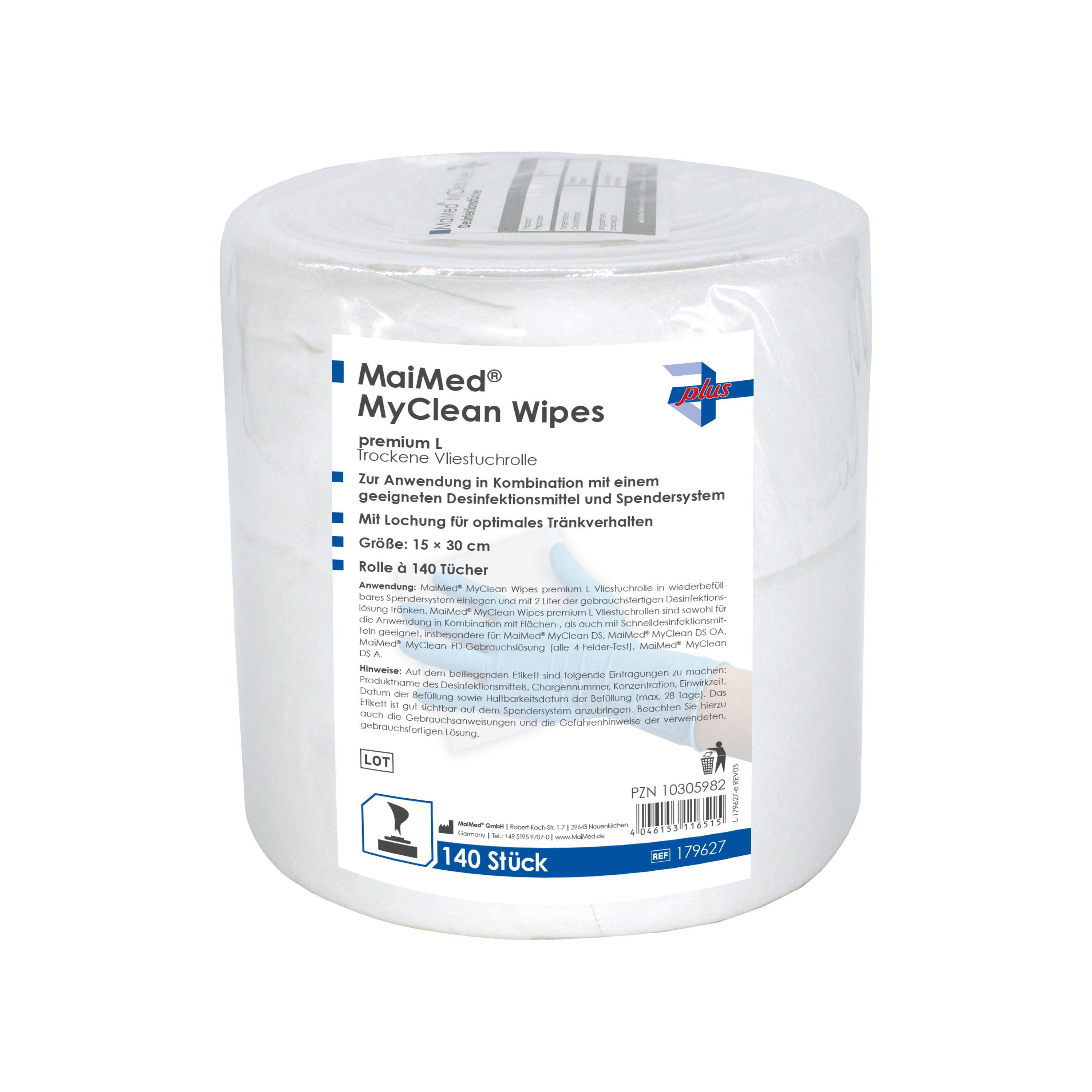 Rolle MaiMed MyClean Wipes, 140 Tücher. Weiße Rolle mit Produktinformationen. Größe 15x30 cm.