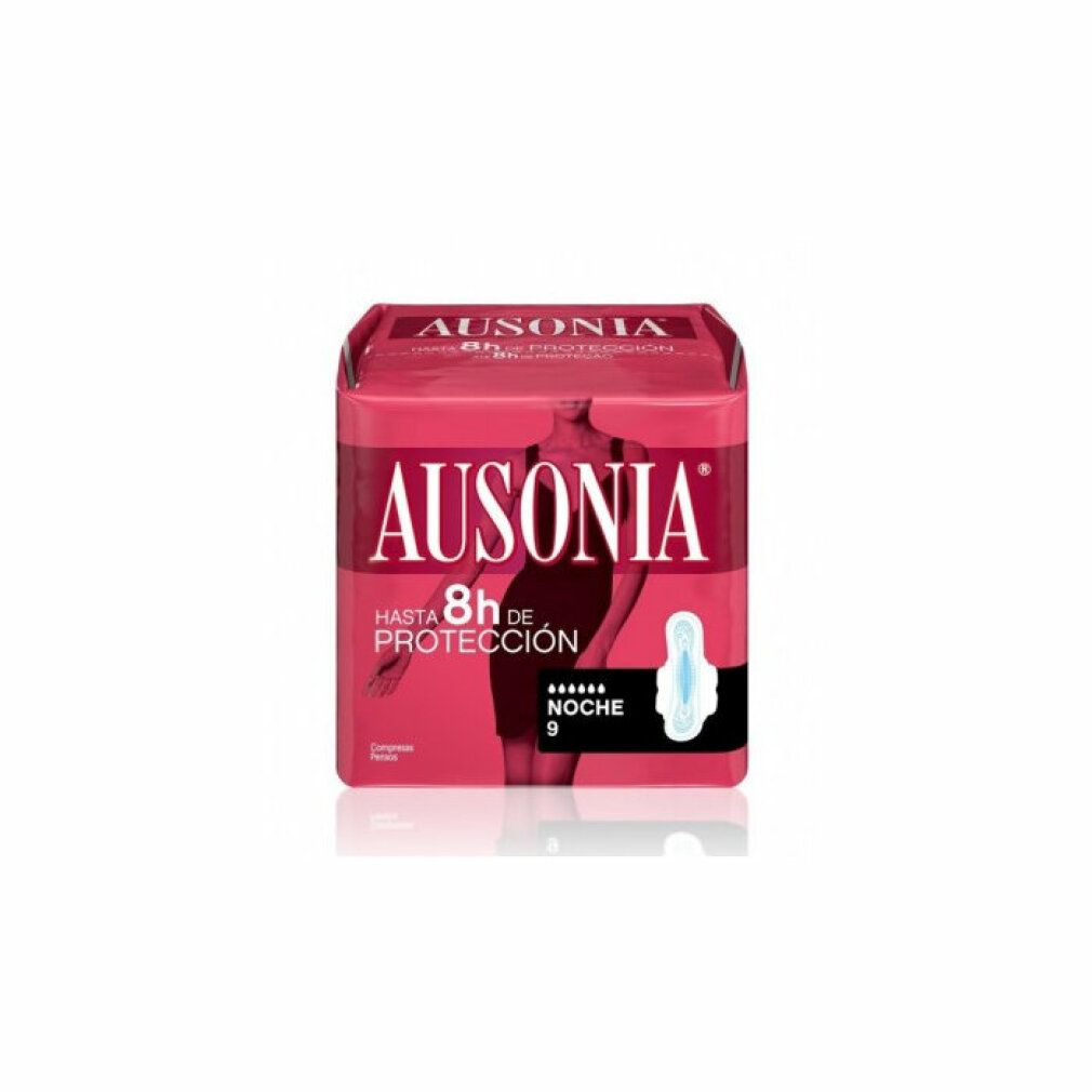 Verpackung AUSONIA Nachtbinden. Rote Verpackung mit Produktabbildung und Aufschrift 'AUSONIA' und 'Nacht'. Enthält 9 Stück.