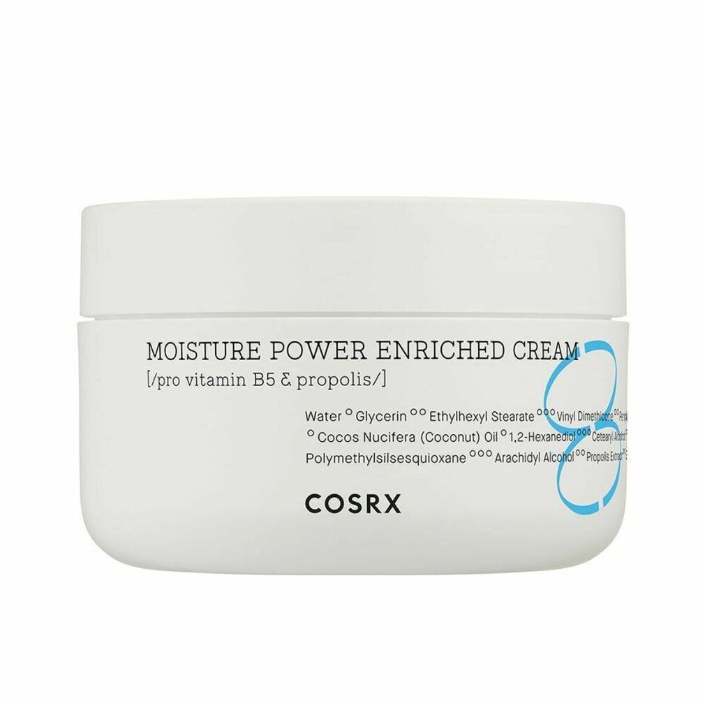 Weißer Tiegel mit Aufschrift "MOISTURE POWER ENRICHED CREAM" und "COSRX". Blaue Akzente. Deckel oben.