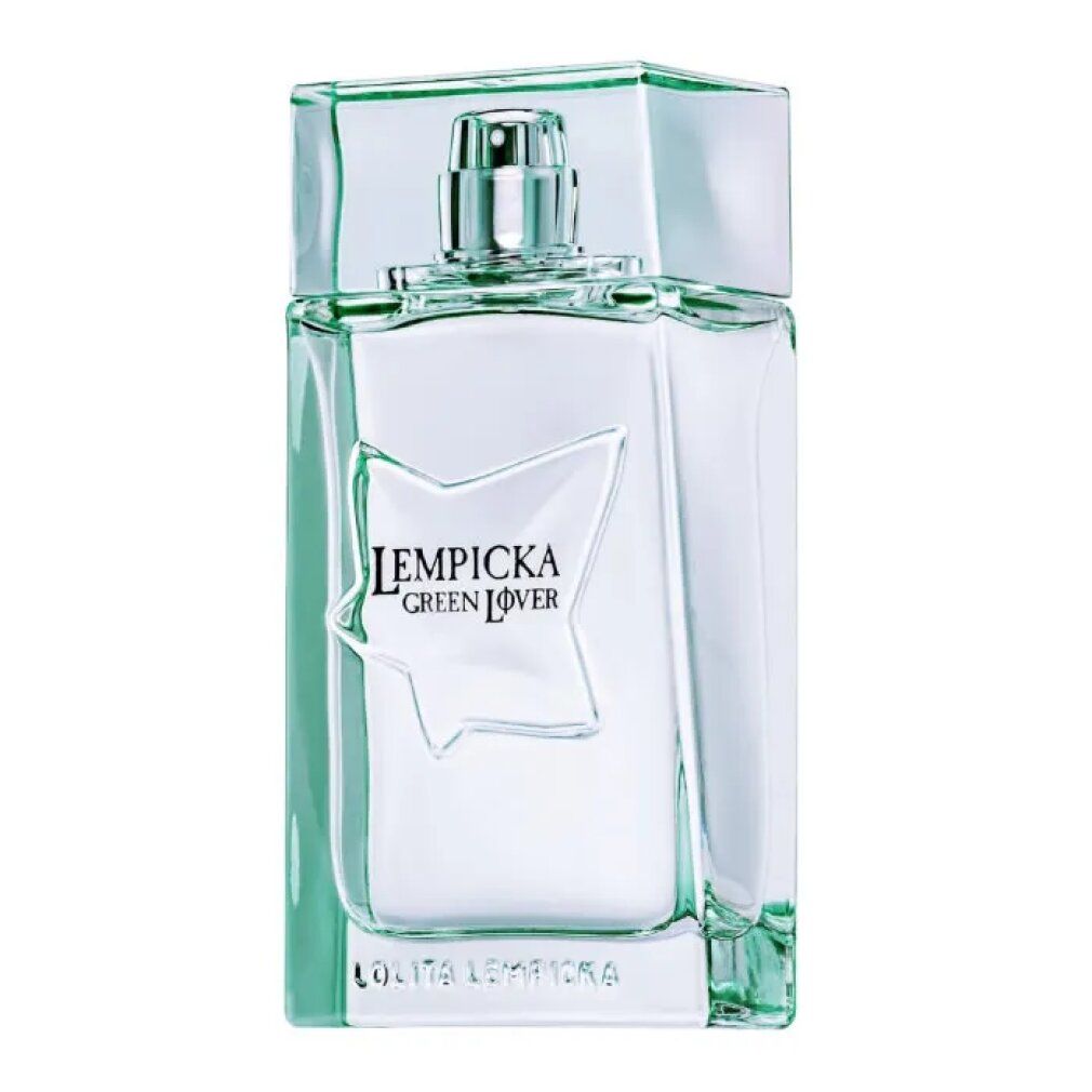 Rechteckiger Flakon mit grünem Deckel. Aufschrift: LEMPICKA GREEN LOVER. Sternförmiges Design auf dem Flakon.