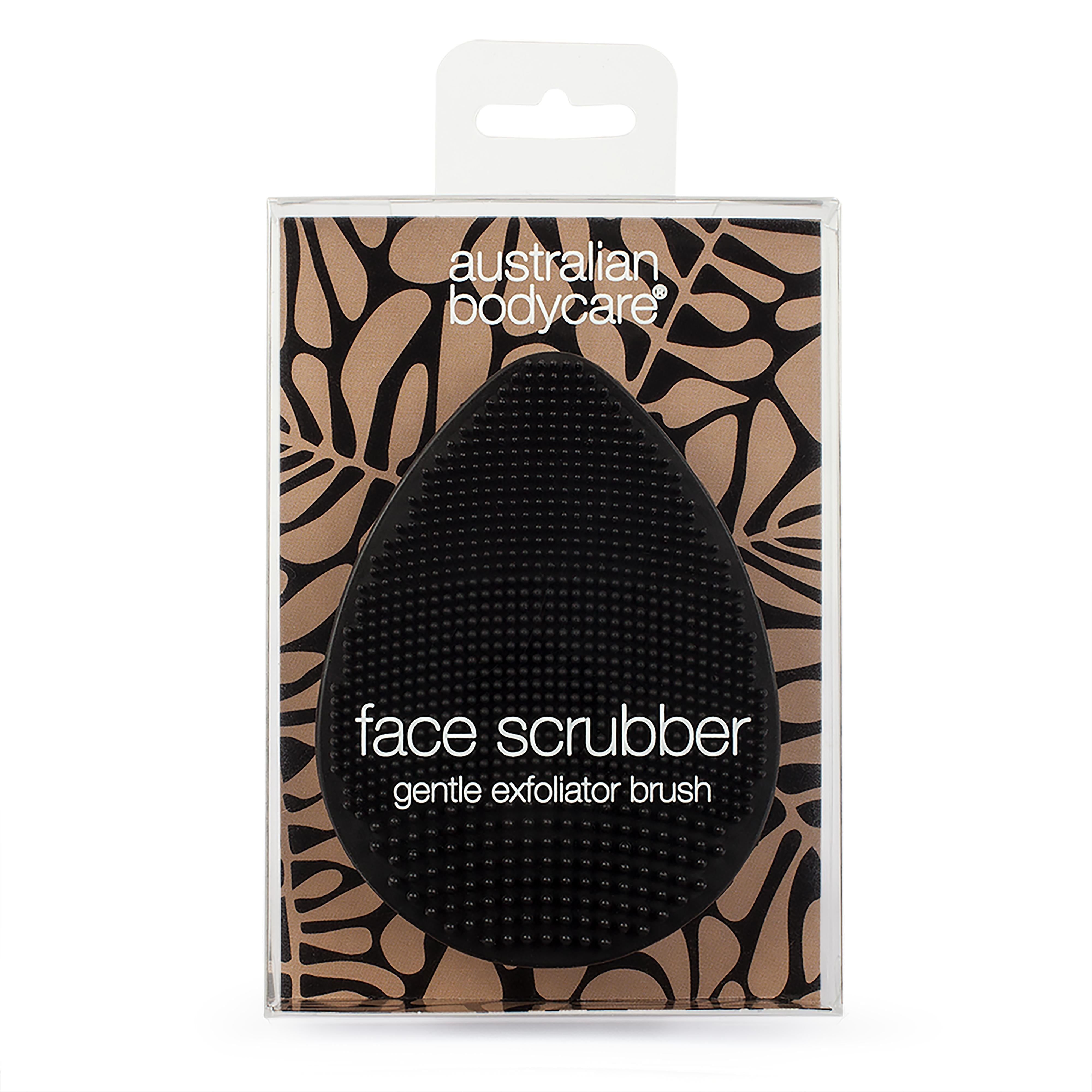 Schwarzer, tropfenförmiger Gesichtsbürste in Verpackung. Marke: Australian Bodycare. Text: Face Scrubber, gentle exfoliator brush.