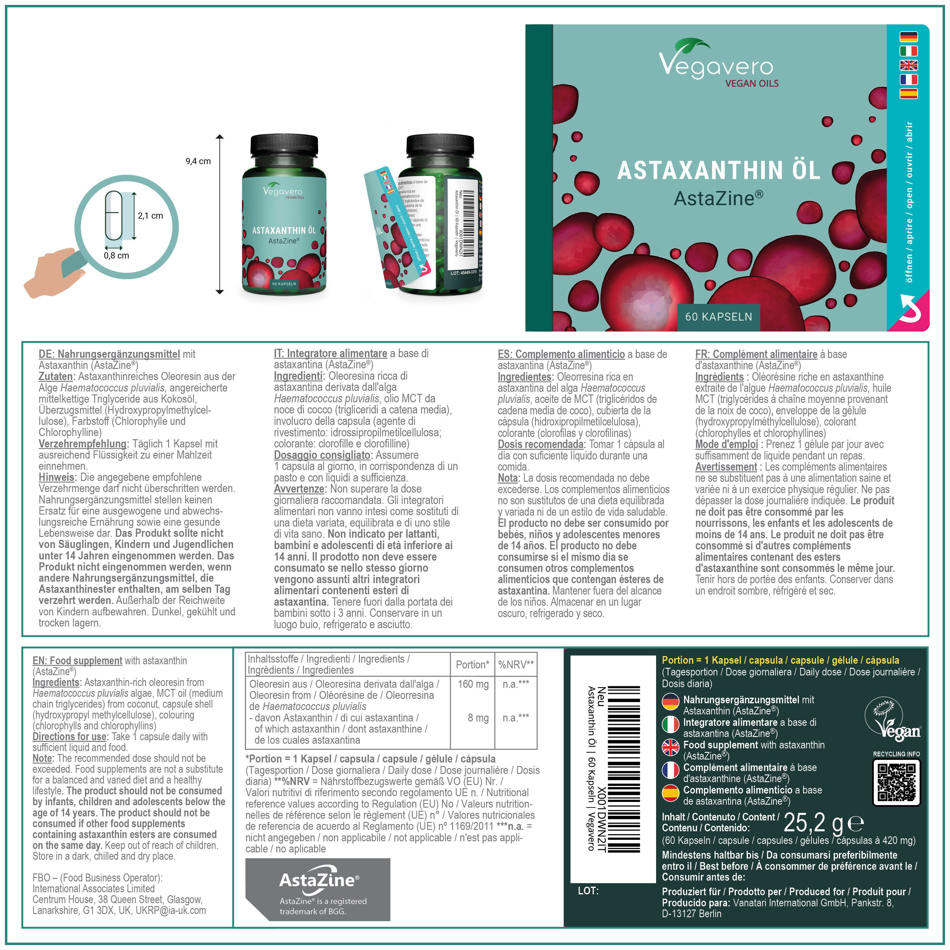 Produktverpackung mit Flasche und Beipackzettel. Enthält Informationen in verschiedenen Sprachen, darunter Deutsch und Englisch.