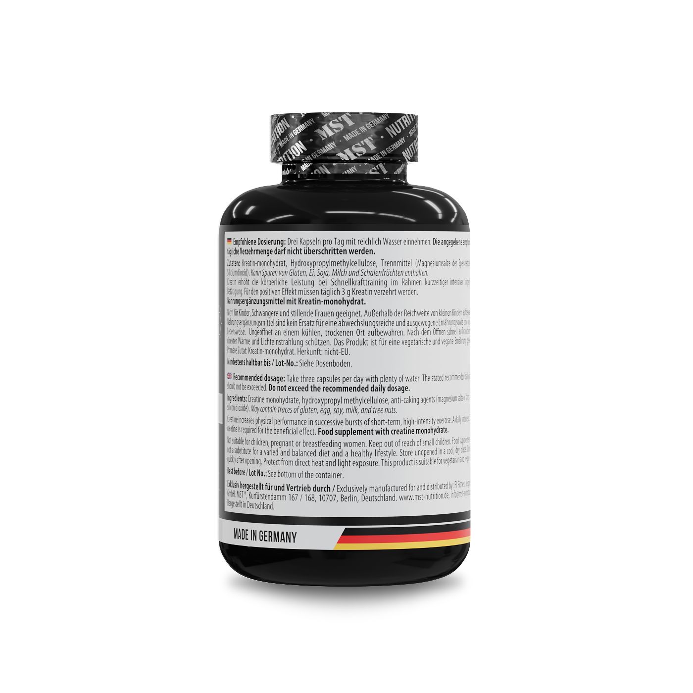 Schwarze Flasche mit Kapseln. Aufschrift: MST, Made in Germany. Etikett mit Informationen und Flagge.