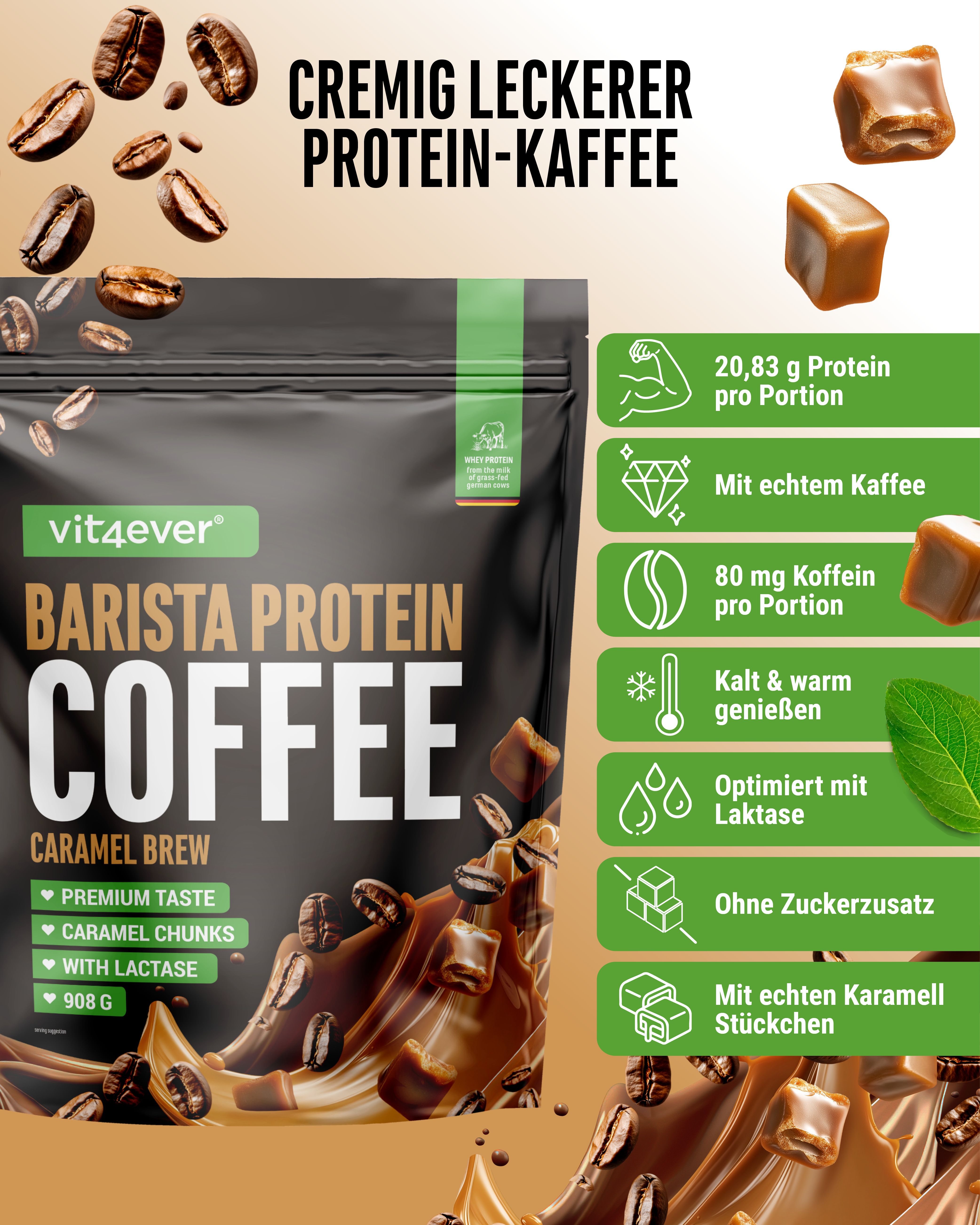 Produktverpackung "vit4ever Barista Protein Coffee". Text: Cremig leckerer Protein-Kaffee. Zusätzliche Informationen auf grünem Hintergrund.