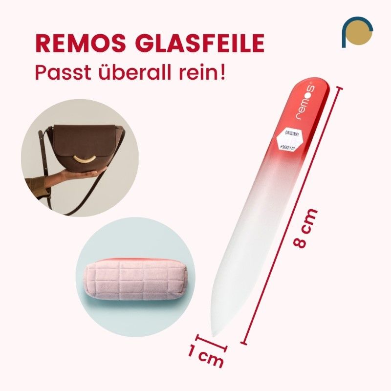 Glasnagelfeile, rot-weiß, 8 cm lang, 1 cm breit. Text: Passt überall rein!