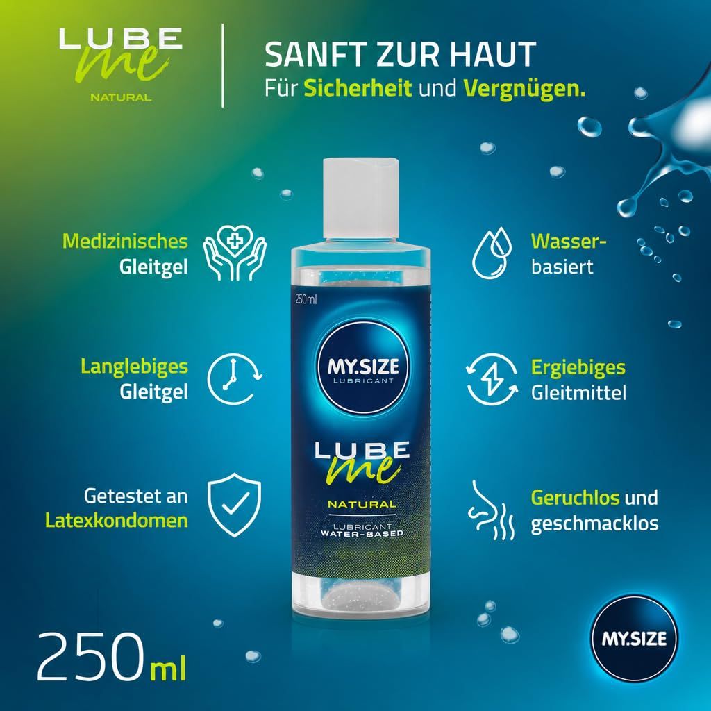 Flasche 'MY.SIZE LUBE ME NATURAL' Gleitmittel, 250ml. Medizinisch, wasserbasiert, ergiebig, latextestiert.