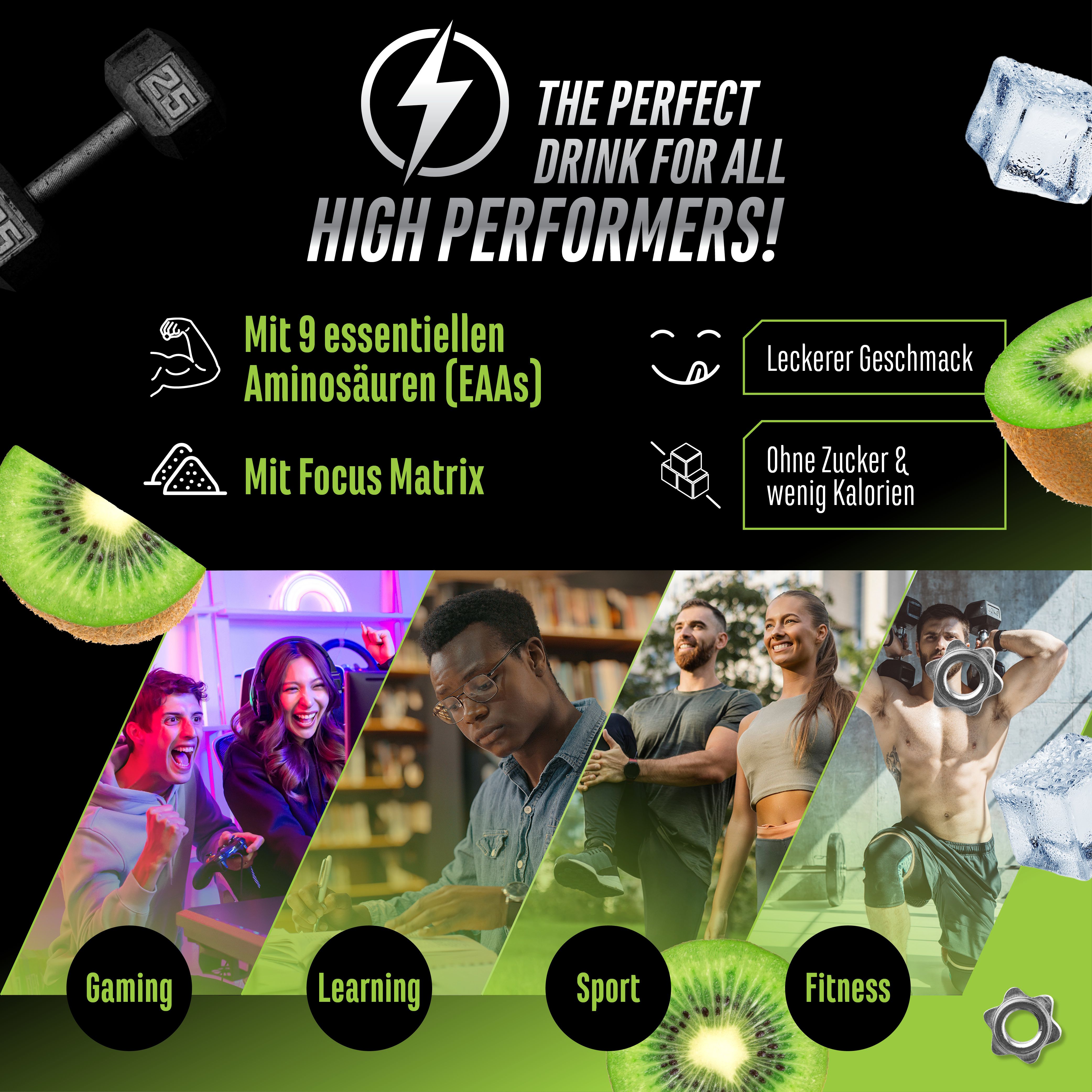 Infografik mit Energy EAA. Text: The perfect drink for all high performers! Mit Aminosäuren, Focus Matrix, Geschmack, ohne Zucker.