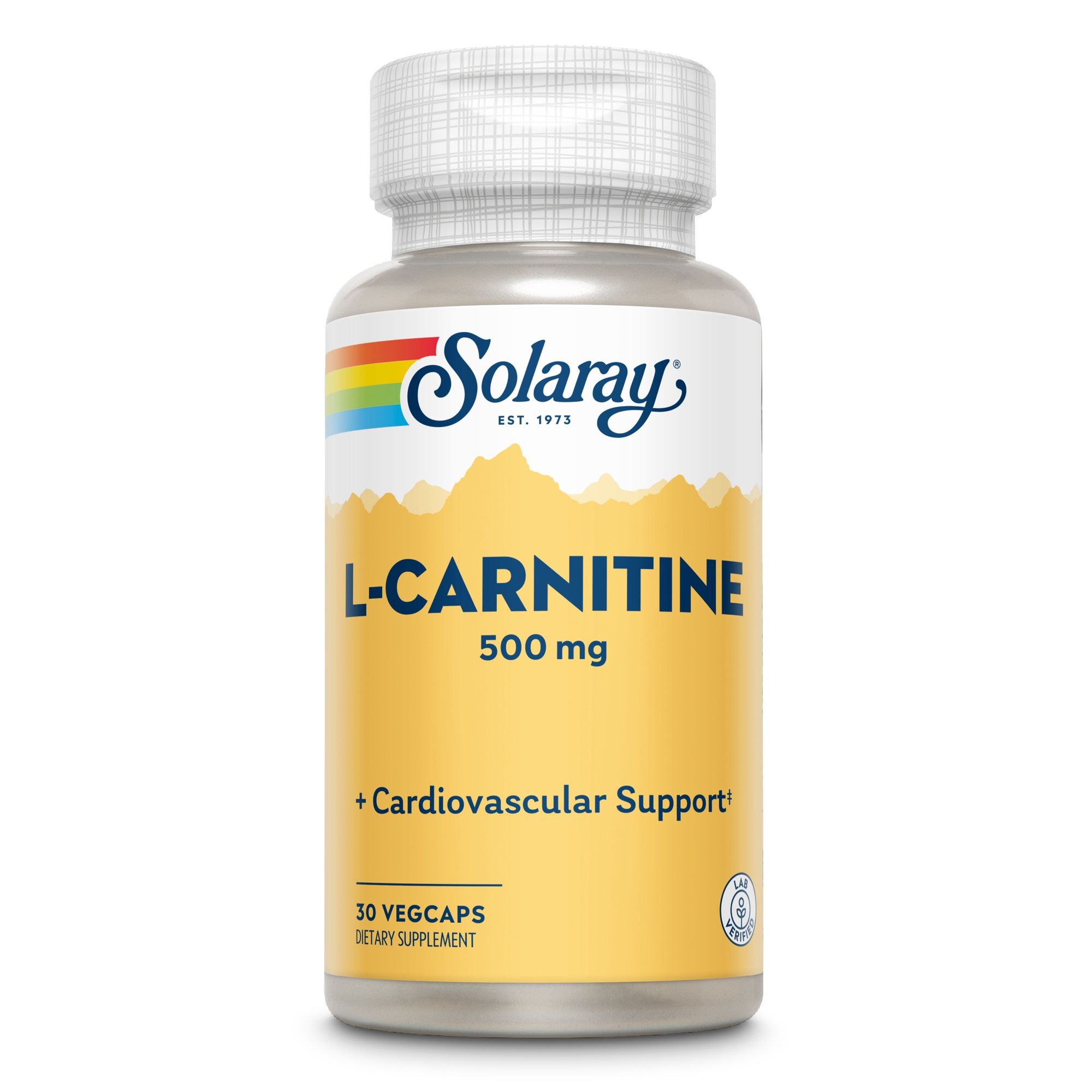 Solaray L-Carnitin 500mg Flasche. Weißer Deckel, gelbes Etikett. Text: L-Carnitin, 500 mg, Cardiovascular Support. 30 Vegicaps.