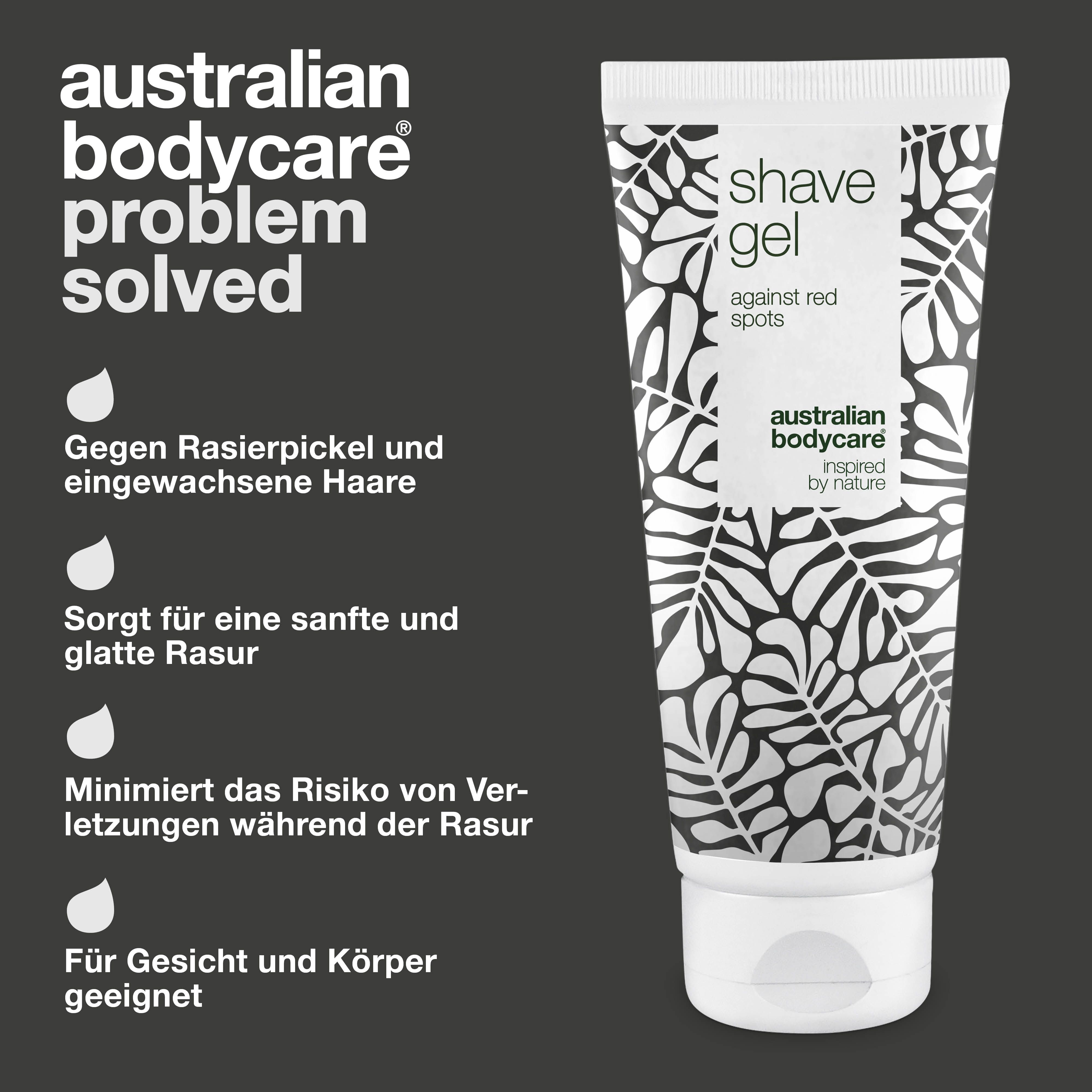 Tube Rasiergel mit Text. Aufschrift: shave gel against red spots. Australian Bodycare. Gegen Rasierpickel.