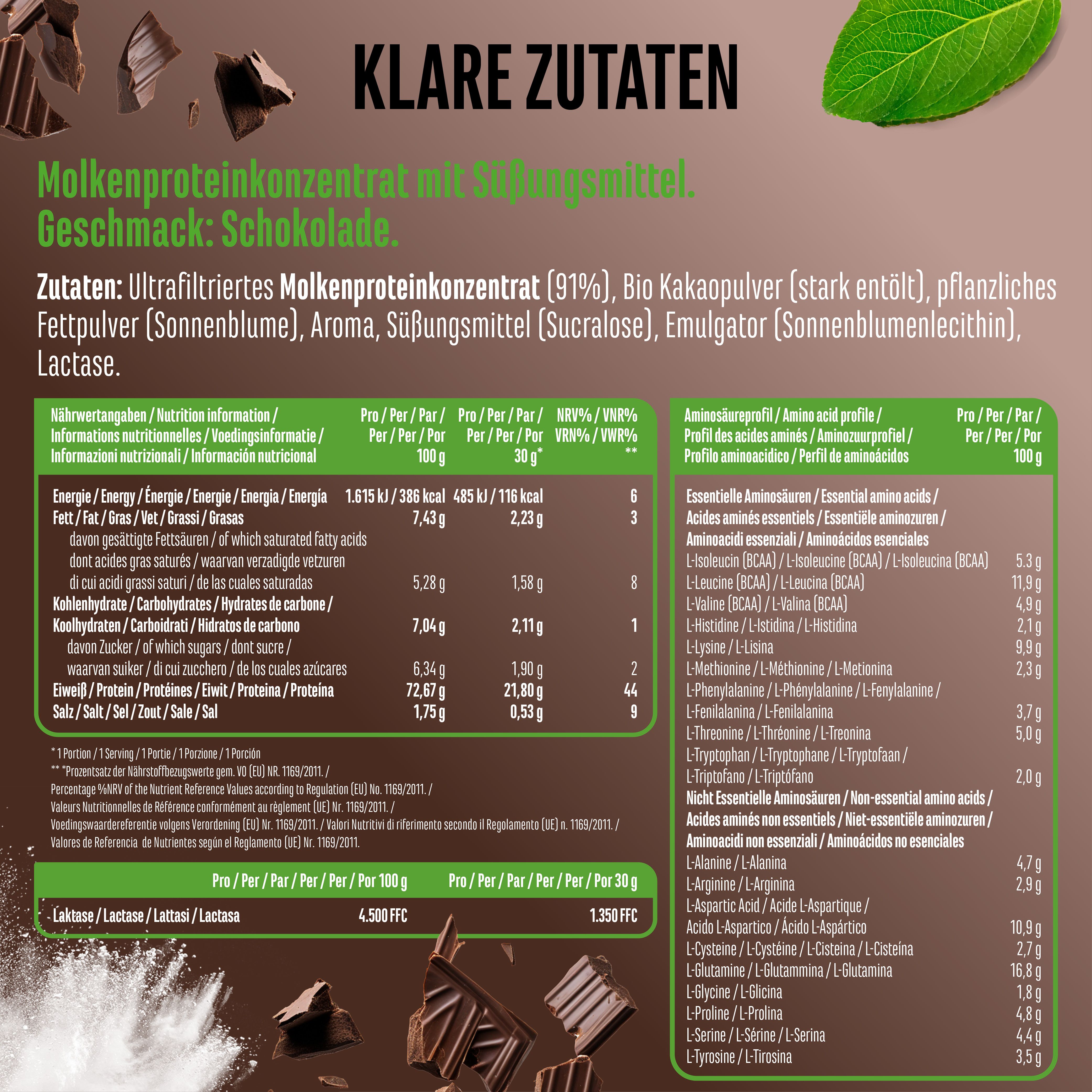 Nährwerttabelle und Zutatenliste für "Yummy Whey Protein". Geschmack: Schokolade. Enthält Informationen in Deutsch.
