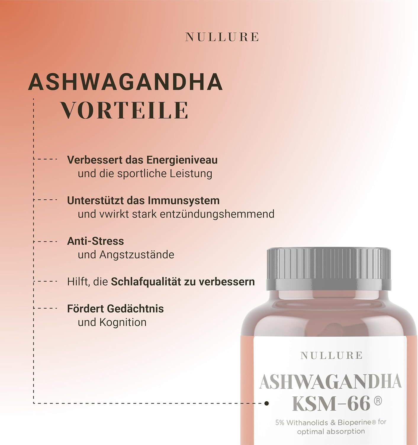 Produktflasche mit Text: Ashwagandha Vorteile. Textabschnitte: Energie, Immunsystem, Anti-Stress, Schlaf, Gedächtnis.