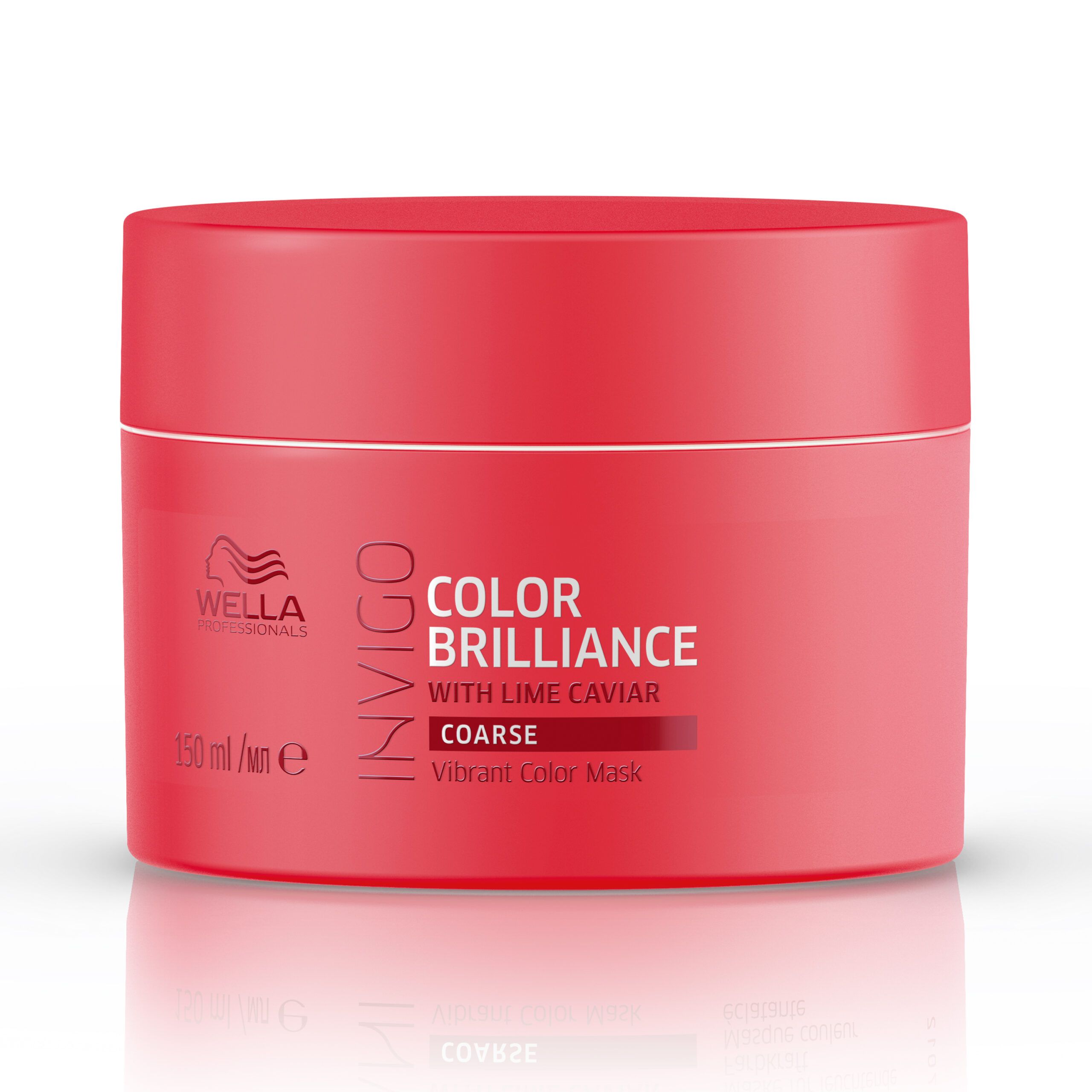 Rote Dose mit weißer Schrift. "Wella Invigo Color Brilliance Mask Coarse". 150 ml. Mit Limettenkaviar.