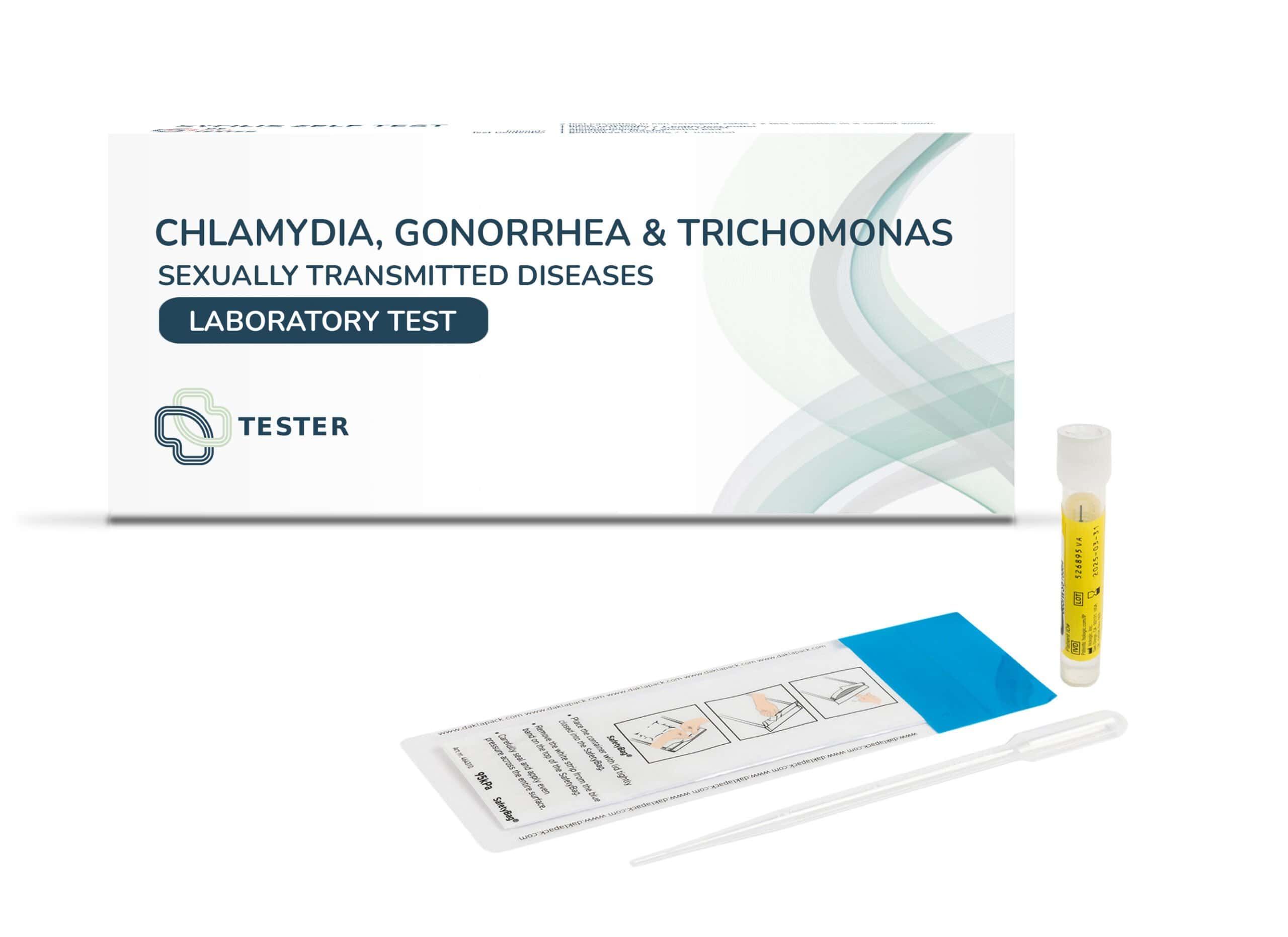 Chlamydien-, Gonorrhoe- & Trichomonaden-Testkit: Verpackung, Teststreifen, Pipette und Probenröhrchen.
