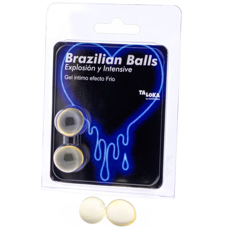 Verpackung mit zwei durchsichtigen Kugeln und zwei losen Kugeln. Aufschrift "Brazilian Balls". Marke: Taloka.