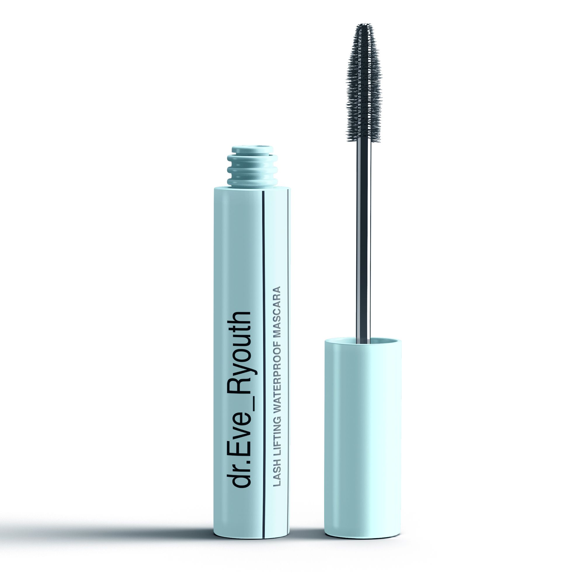 Hellblaue Mascara-Tube mit Bürste. Aufschrift: LASH LIFTING WATERPROOF MASCARA. Marke: dr.Eve_Ryouth.