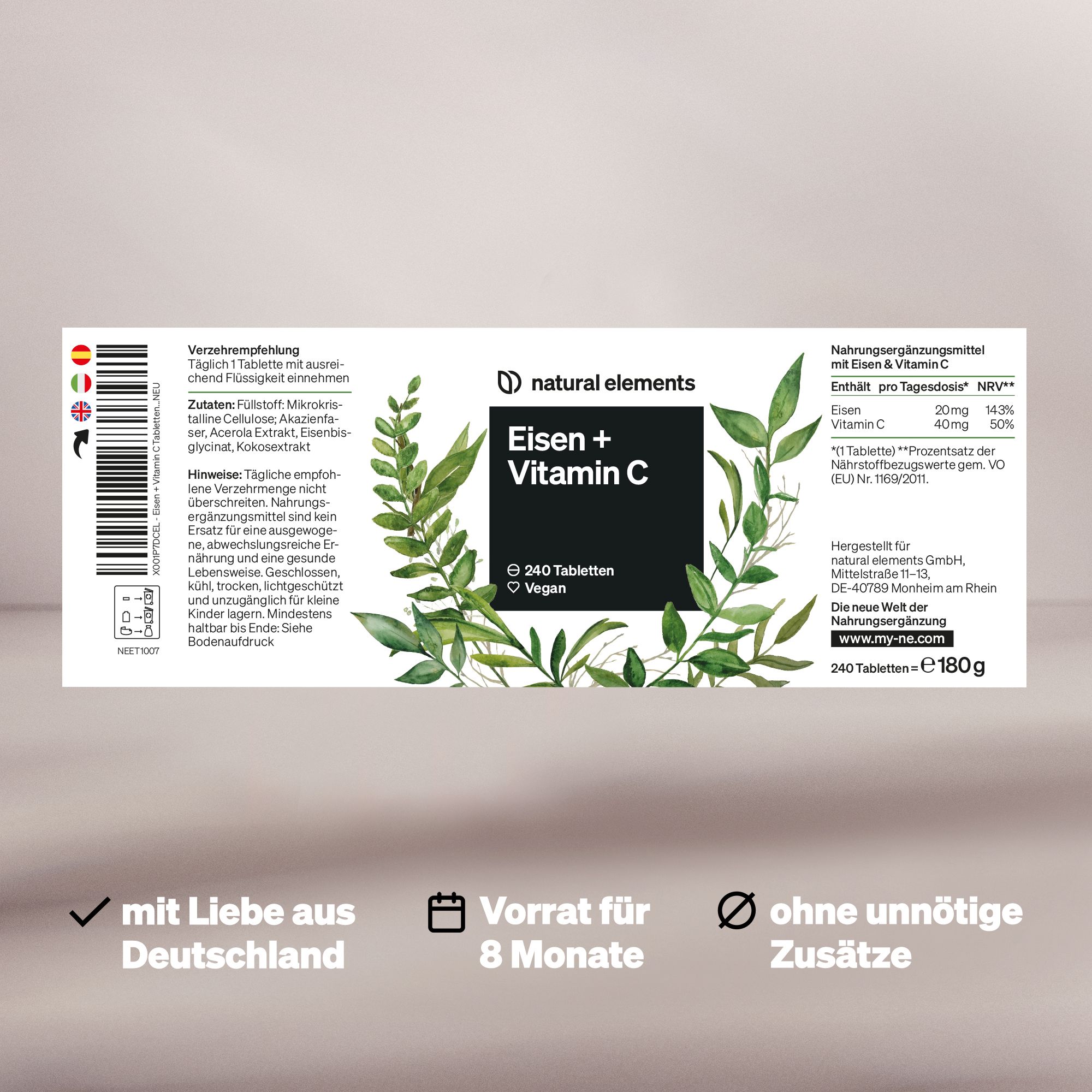 Etikett mit Produktinformationen. Aufschrift: Eisen + Vitamin C, 240 Tabletten, Vegan. Enthält Nährwertangaben.
