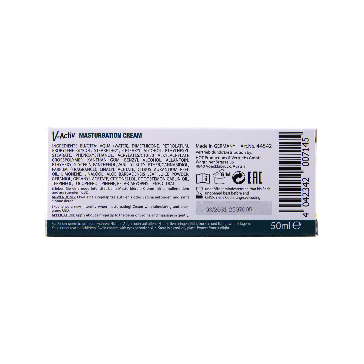 Produktverpackung mit Inhaltsstoffen und Herstellerinformationen. 50ml.
