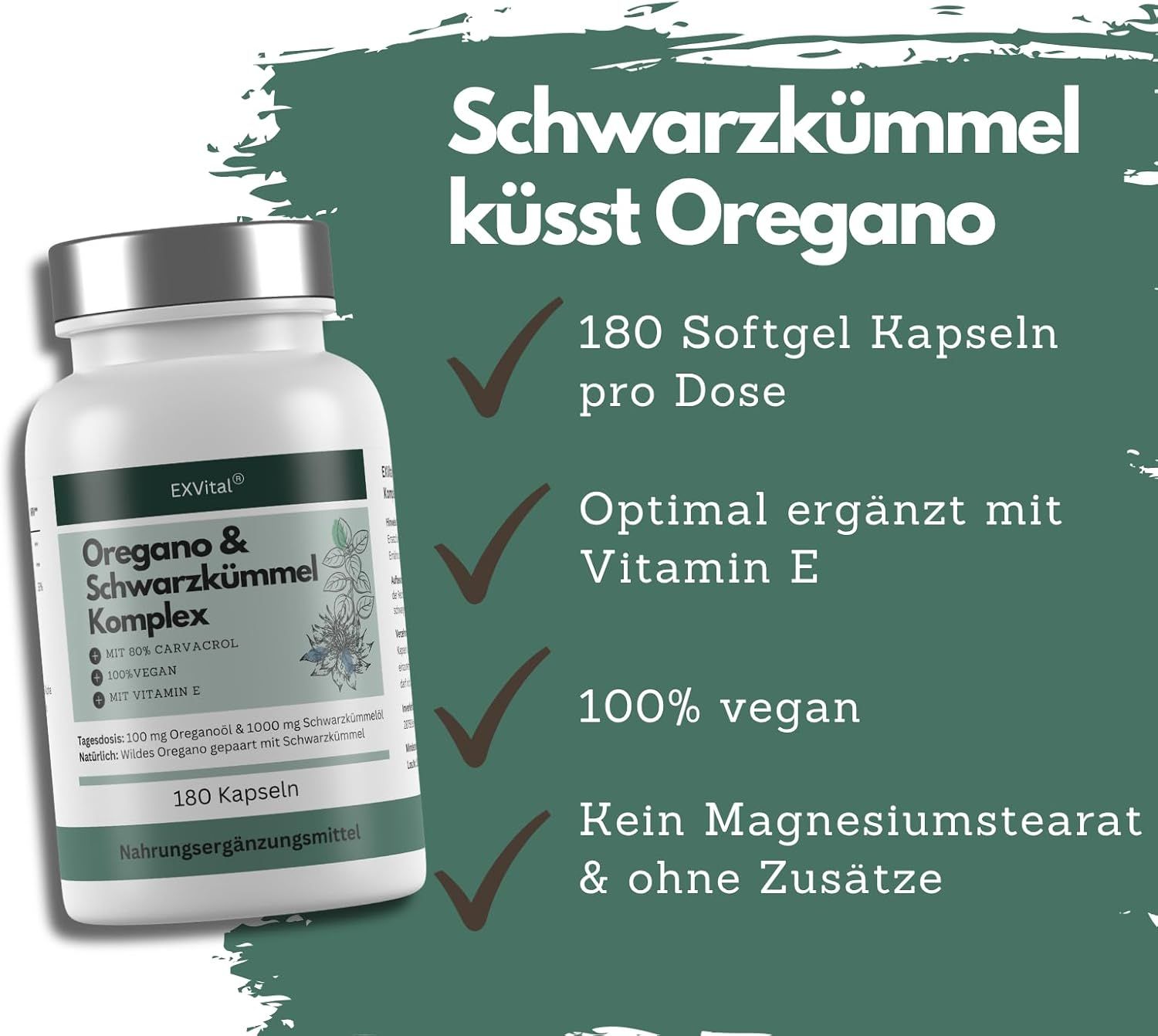 EXVital Oregano & Schwarzkümmel Komplex Dose mit 180 Kapseln, 100% vegan, mit Vitamin E.