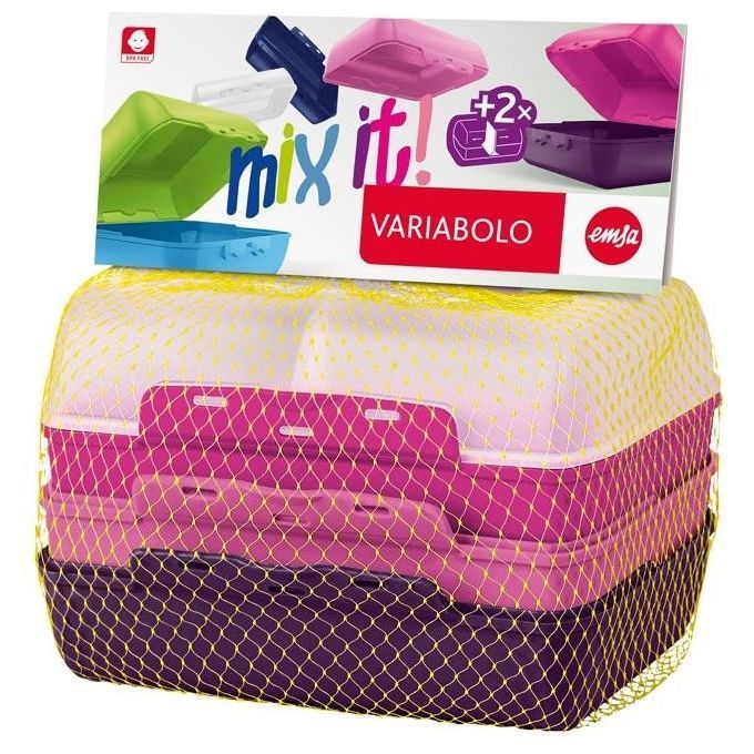 Mehrfarbige Behälter in einem Netz verpackt. Auf der Verpackung steht 'mix it!' und 'VARIABOLO'.
