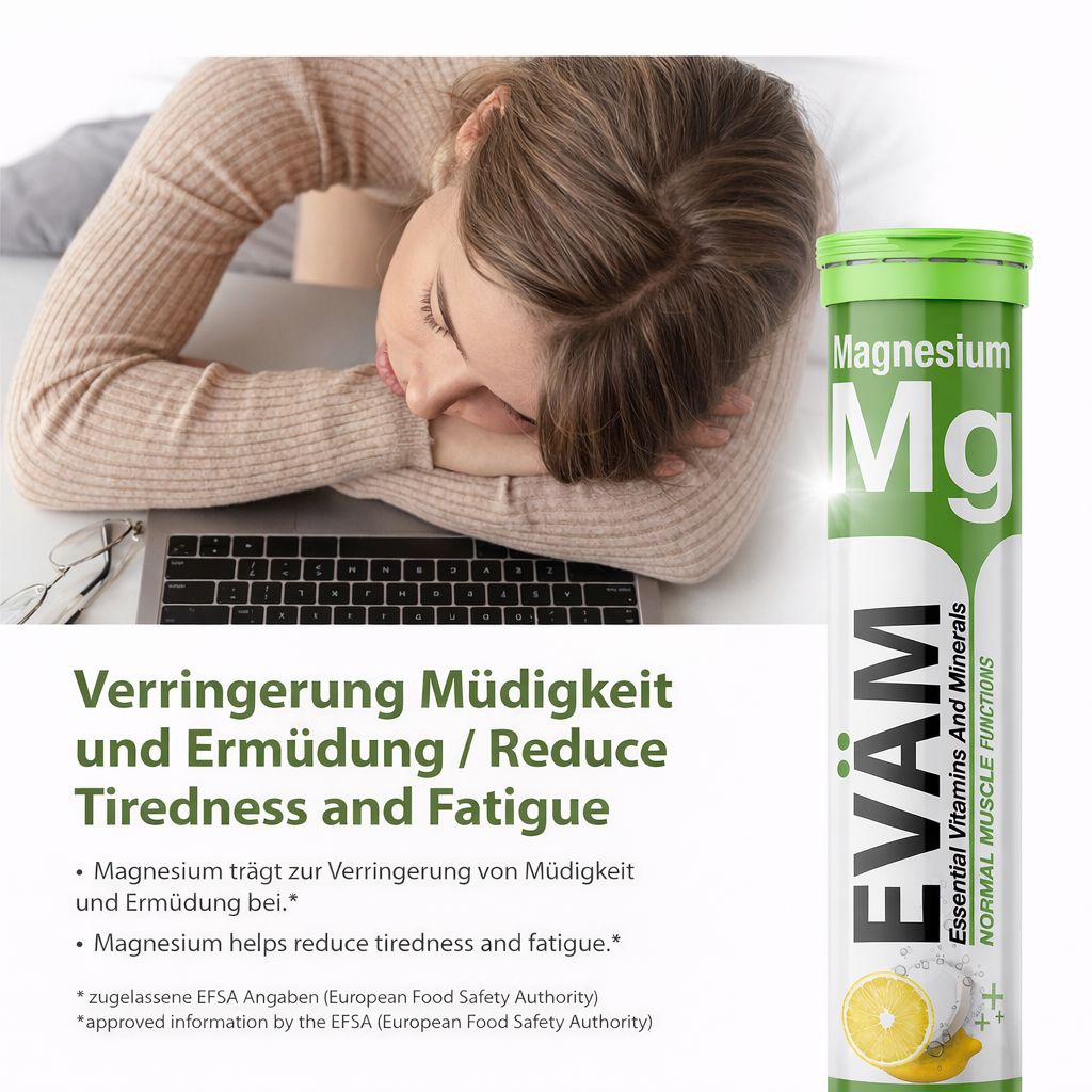 Magnesium Brausetabletten-Tube. Text: Verringerung Müdigkeit und Ermüdung. Frau am Laptop.