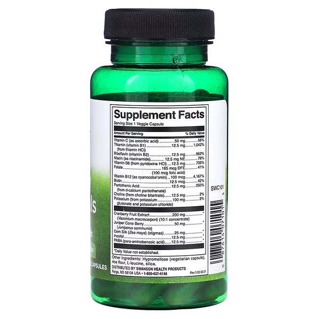 Rückseite einer grünen Flasche. Etikett mit Nährwertangaben und Inhaltsstoffen. Enthält Cranberry-Extrakt und Wacholderbeere.
