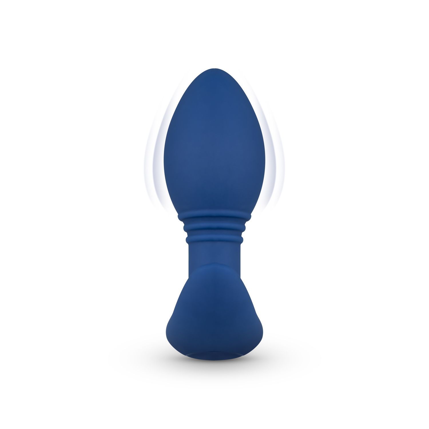 Blauer Analplug mit tropfenförmiger Spitze und geriffeltem Schaft. Leichte Bewegungsunschärfe.