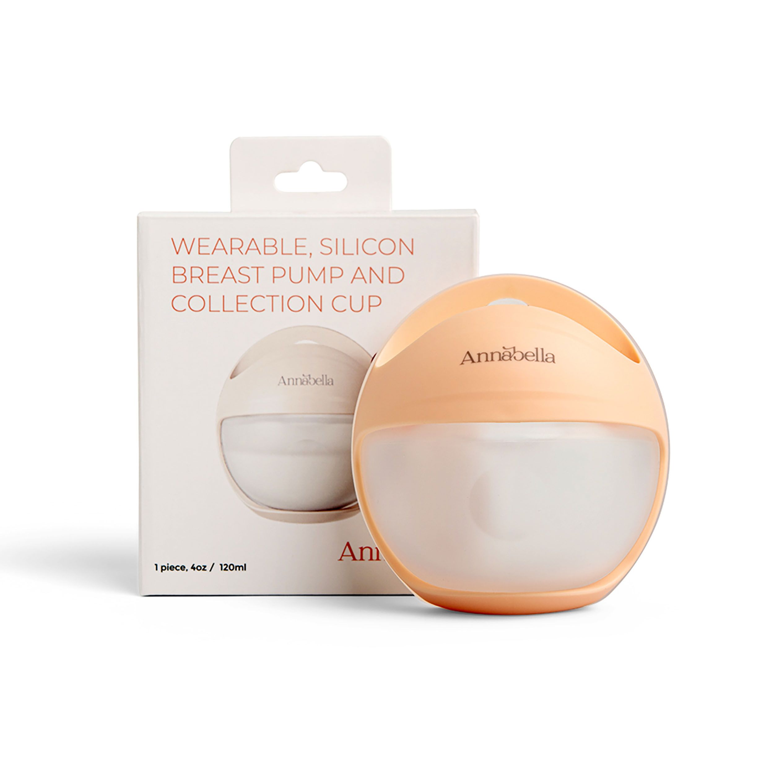 Verpackung mit Brustpumpe. Auf der Verpackung steht: Wearable, Silicon Breast Pump and Collection Cup. Der Name Annabella ist sichtbar.