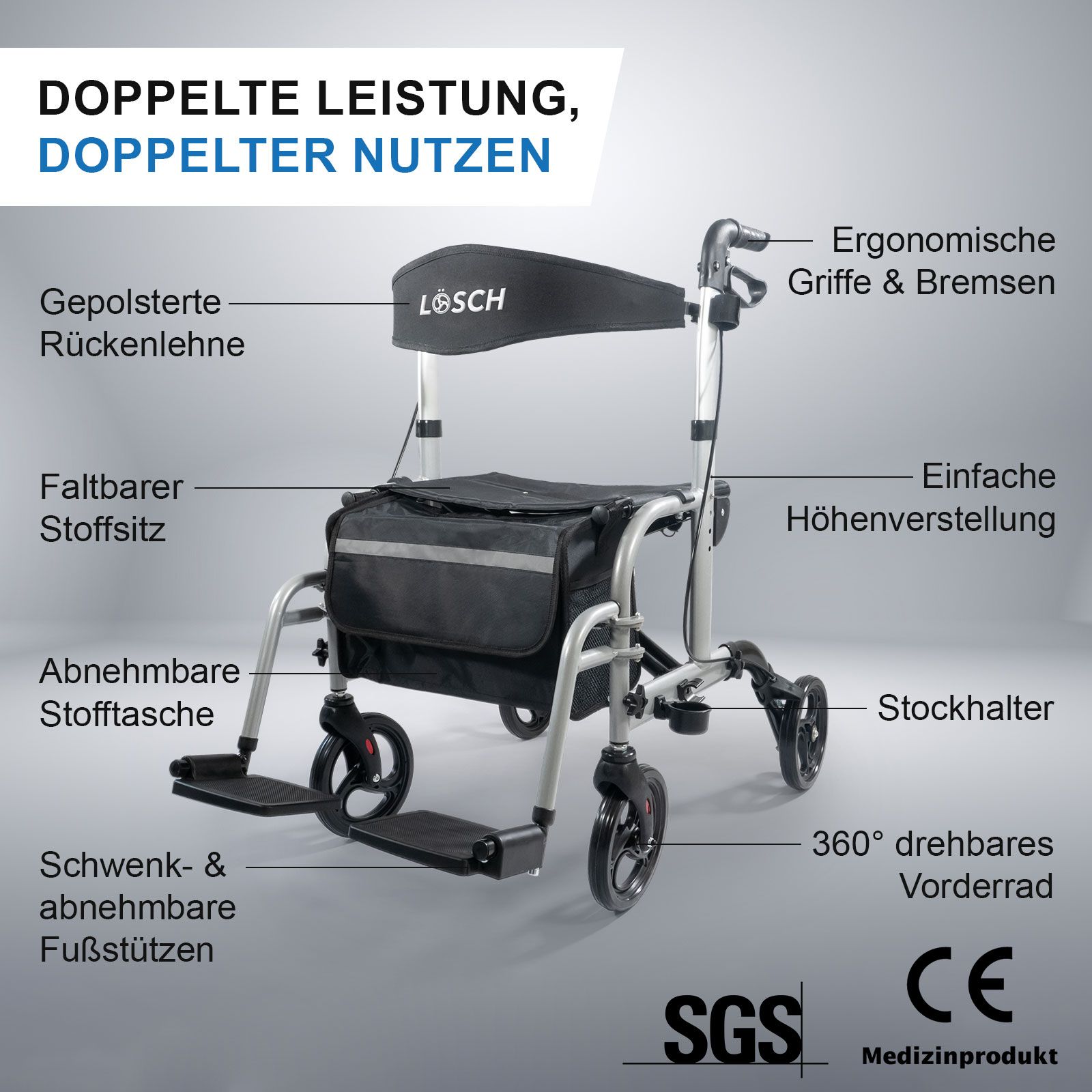 Rollator & Rollstuhl Twin, silberfarben, mit schwarzem Sitz und Tasche. Ergonomische Griffe, höhenverstellbar, Fußstützen.