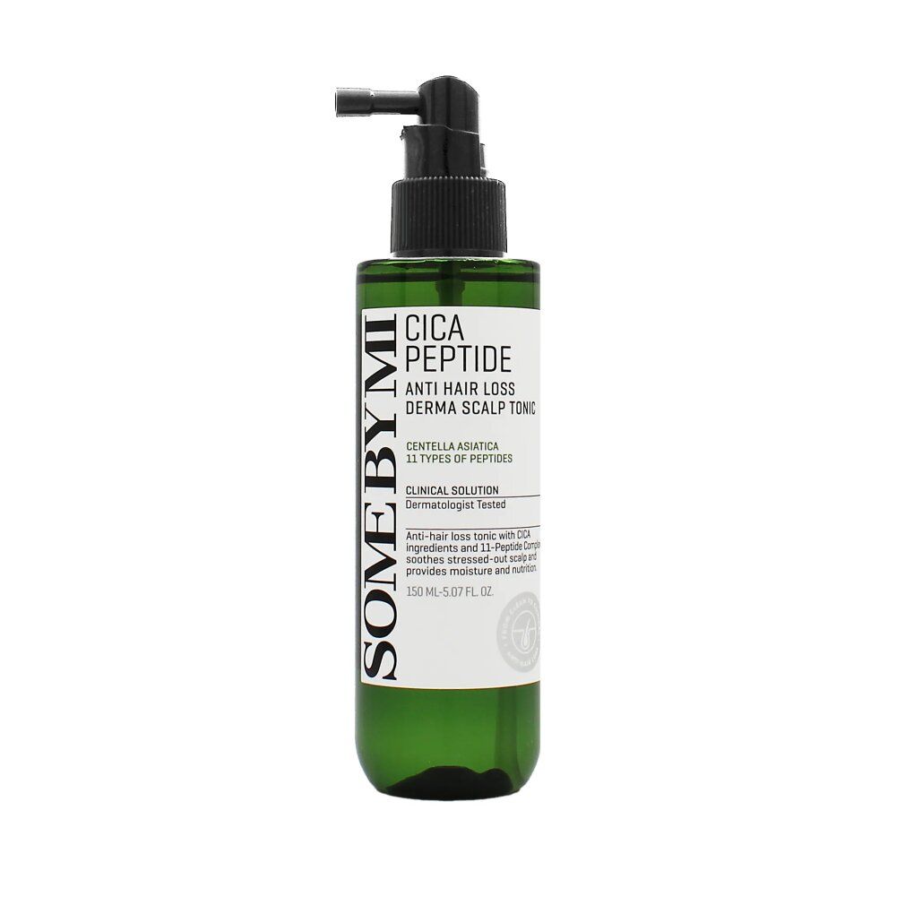 Grüne Flasche mit schwarzem Sprühkopf. Aufschrift: Cica Peptide Anti Hair Loss Derma Scalp Tonic. Marke: SOME BY MI.