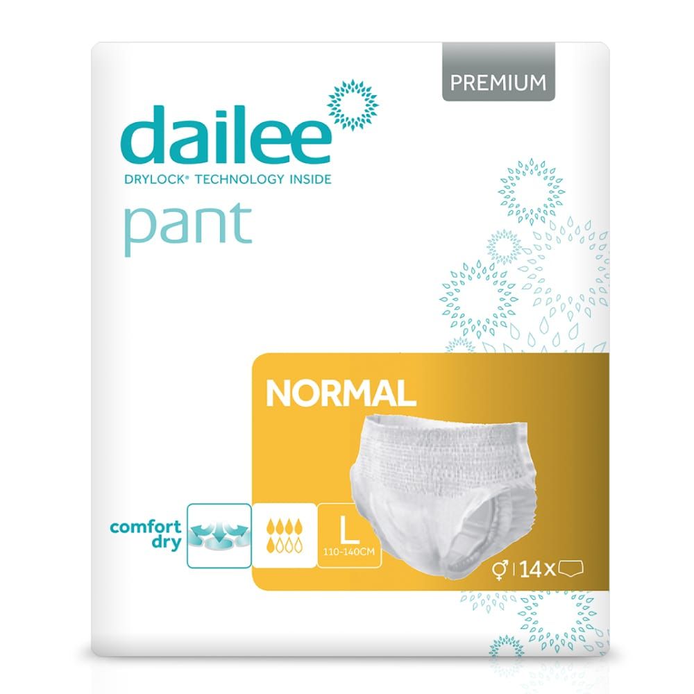 Verpackung Dailee Pants Normal, Größe L. Enthält 14 Stück. Mit Komfort- und Trockenheitsmerkmalen.