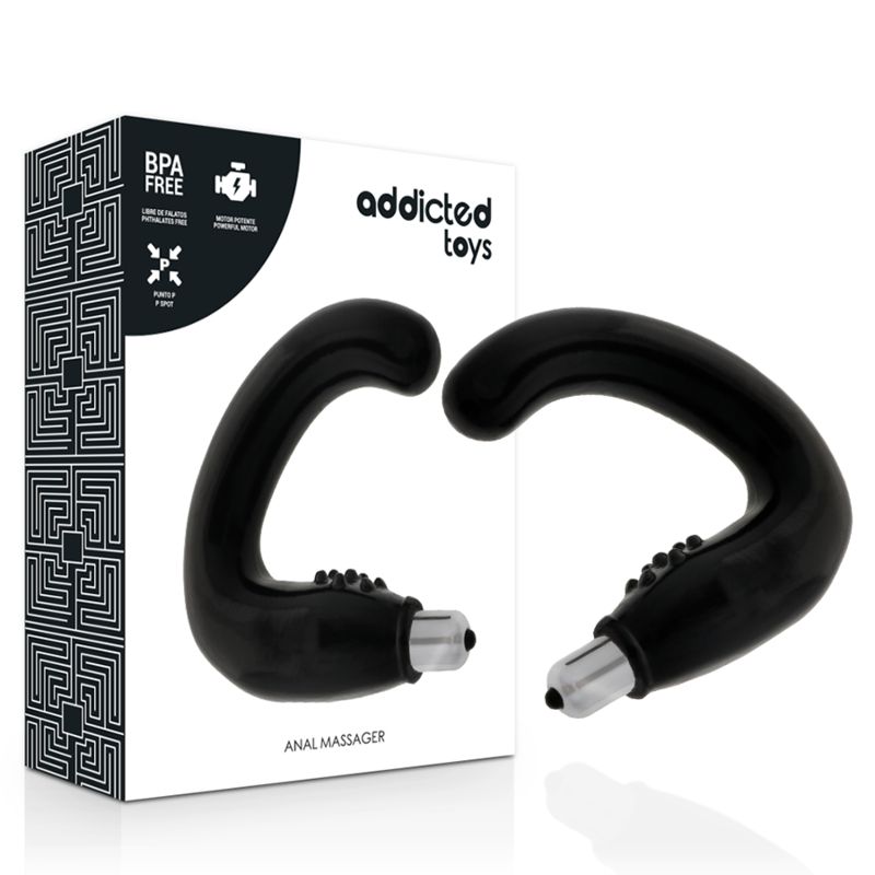 Verpackung mit zwei schwarzen Analvibratoren. Aufschrift: Addicted Toys, BPA-frei, Anal Massager.