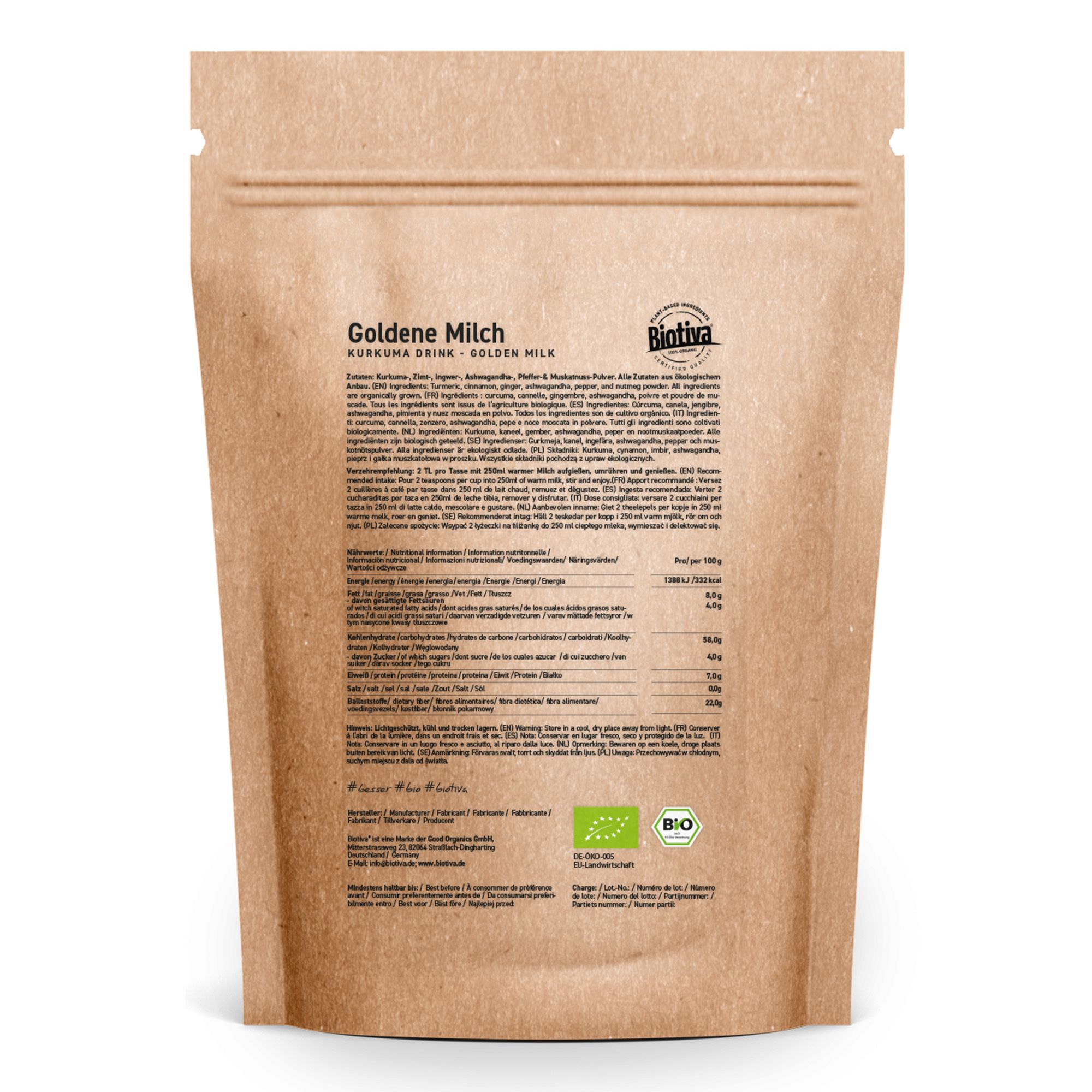 Rückseite des "Goldene Milch"-Beutels. Braune Papierverpackung. Text mit Nährwertangaben und Inhaltsstoffen. Bio-Zertifizierung.